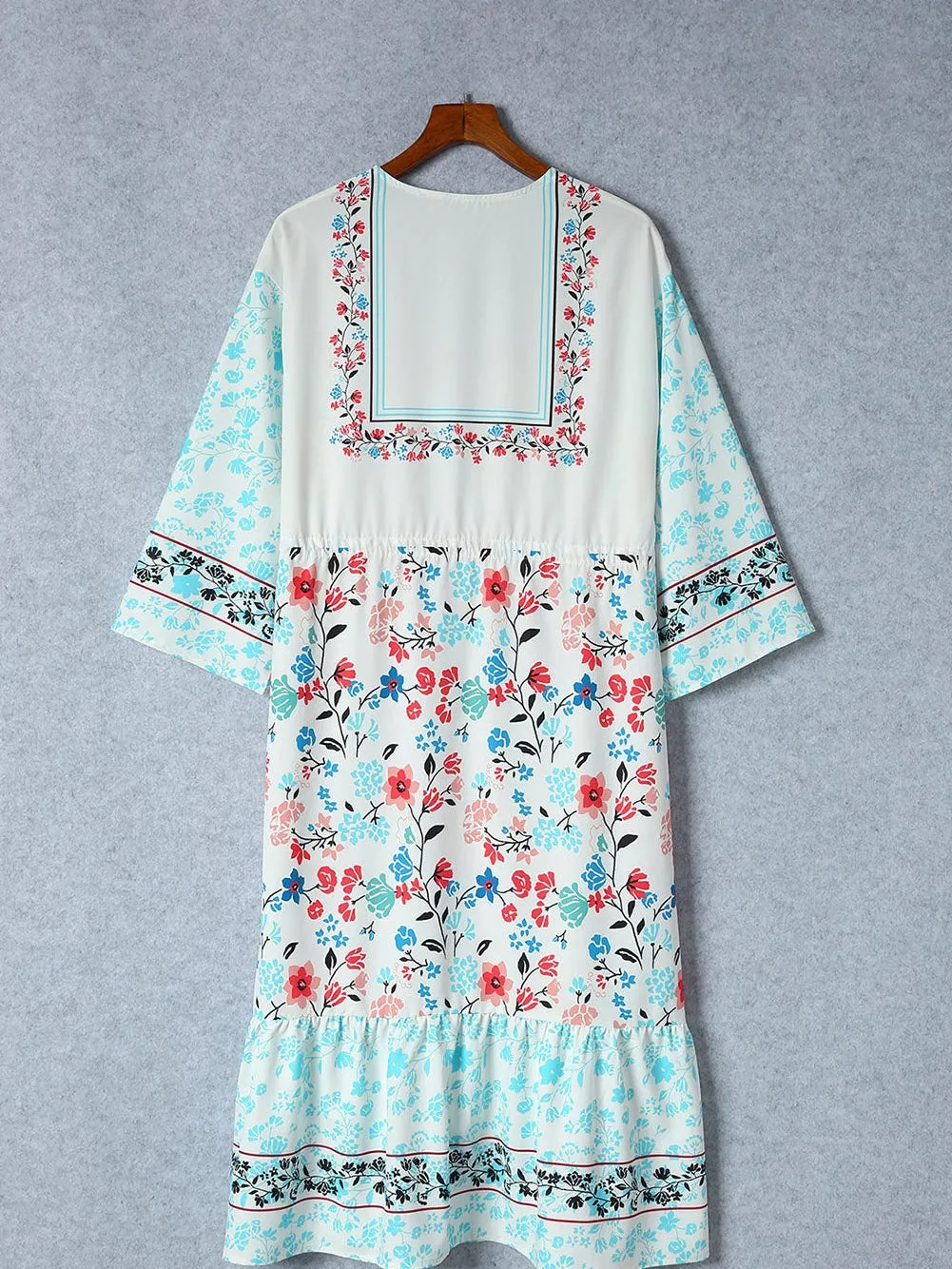 Bohemian Floral Print Tassel Kimono with Long Sleeves