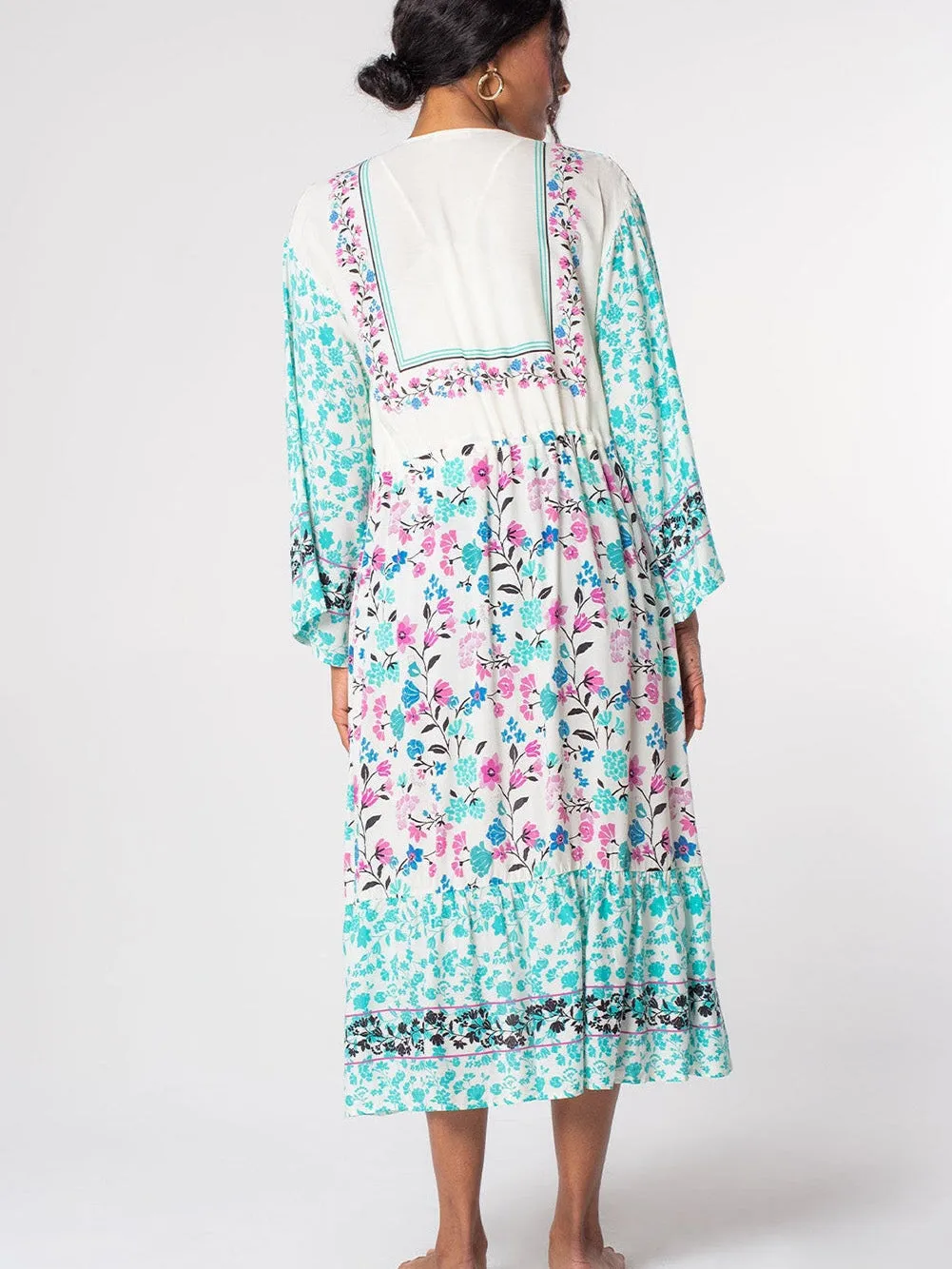 Bohemian Floral Print Tassel Kimono with Long Sleeves
