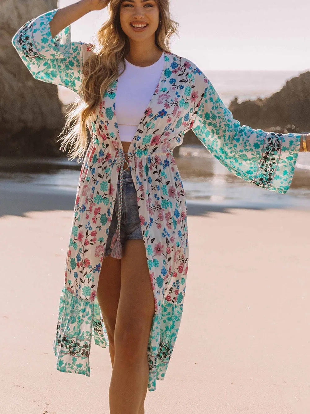 Bohemian Floral Print Tassel Kimono with Long Sleeves