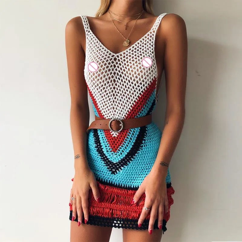 Bohemian Multi Color-Blocked Short Dress Casual Summer Sexy Vneck