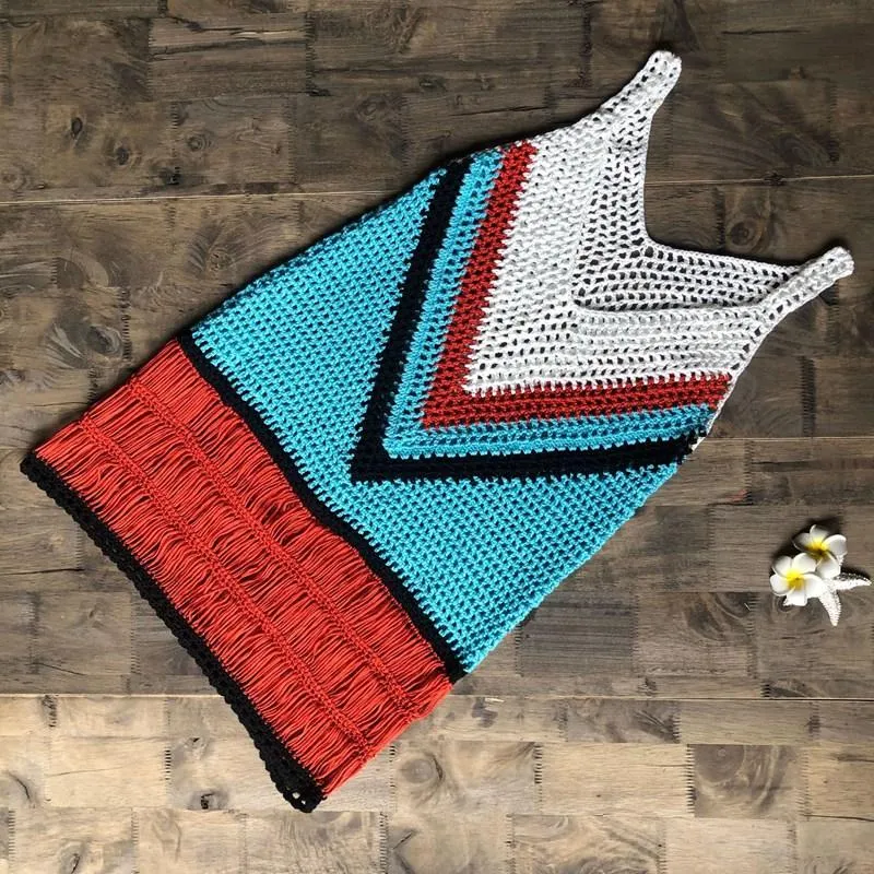 Bohemian Multi Color-Blocked Short Dress Casual Summer Sexy Vneck
