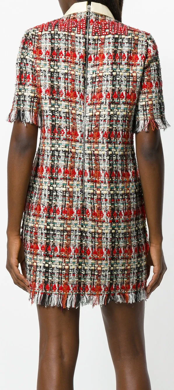 Bow-Embroidered Plaid Tweed Dress
