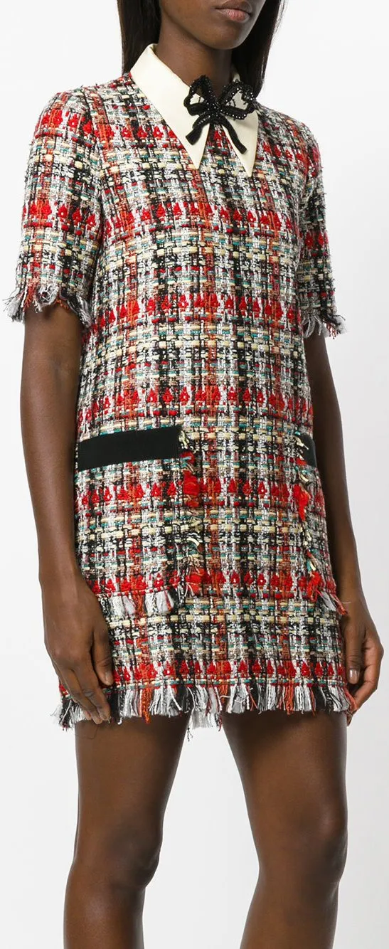 Bow-Embroidered Plaid Tweed Dress