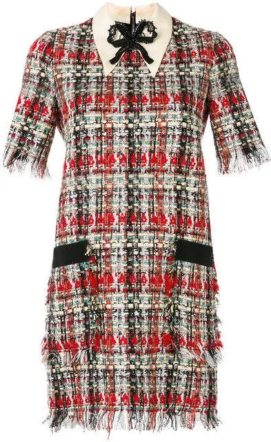 Bow-Embroidered Plaid Tweed Dress