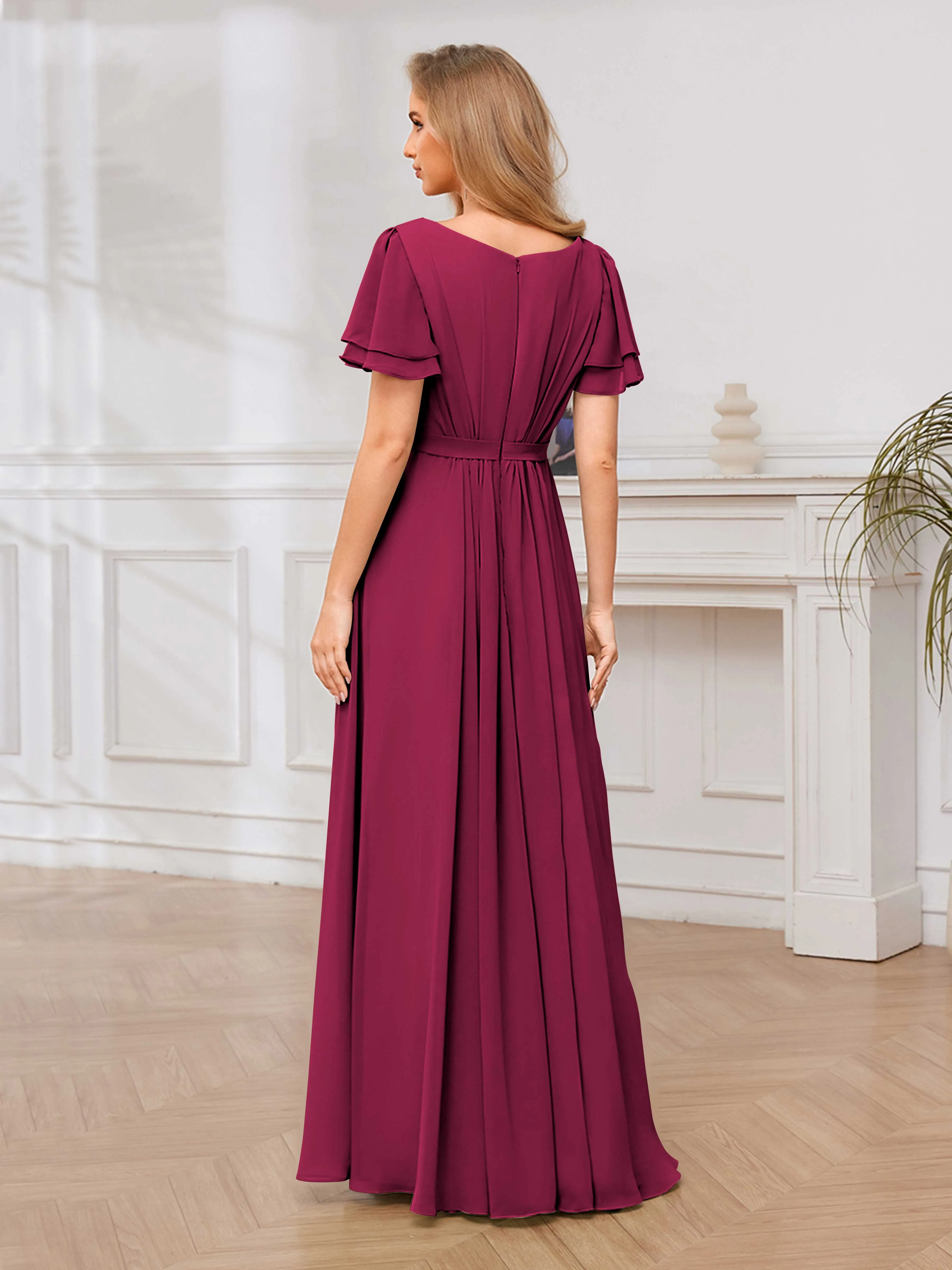 Briana Modest Scoop Short Sleeves Long Chiffon Bridesmaid Dresses