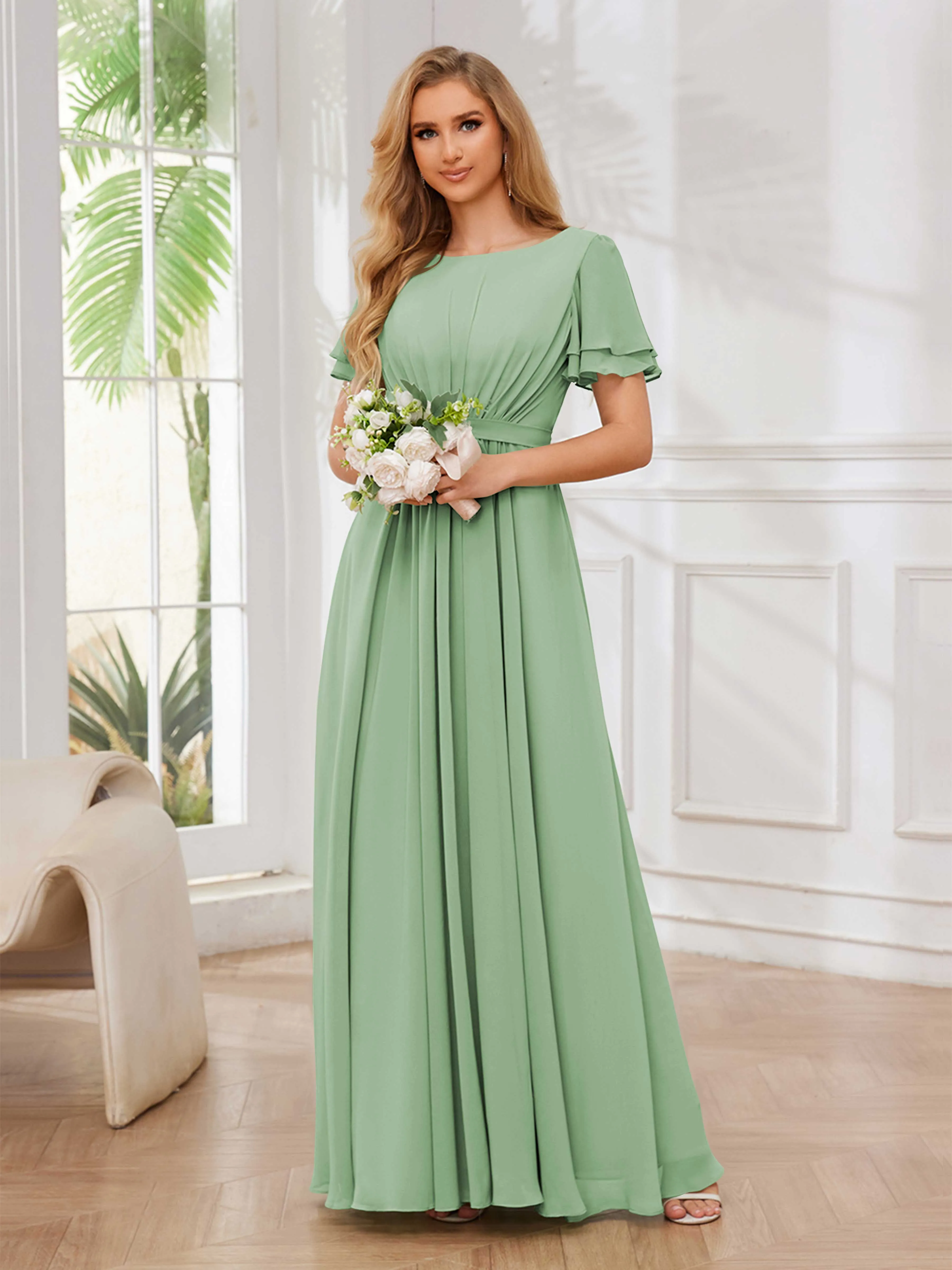 Briana Modest Scoop Short Sleeves Long Chiffon Bridesmaid Dresses
