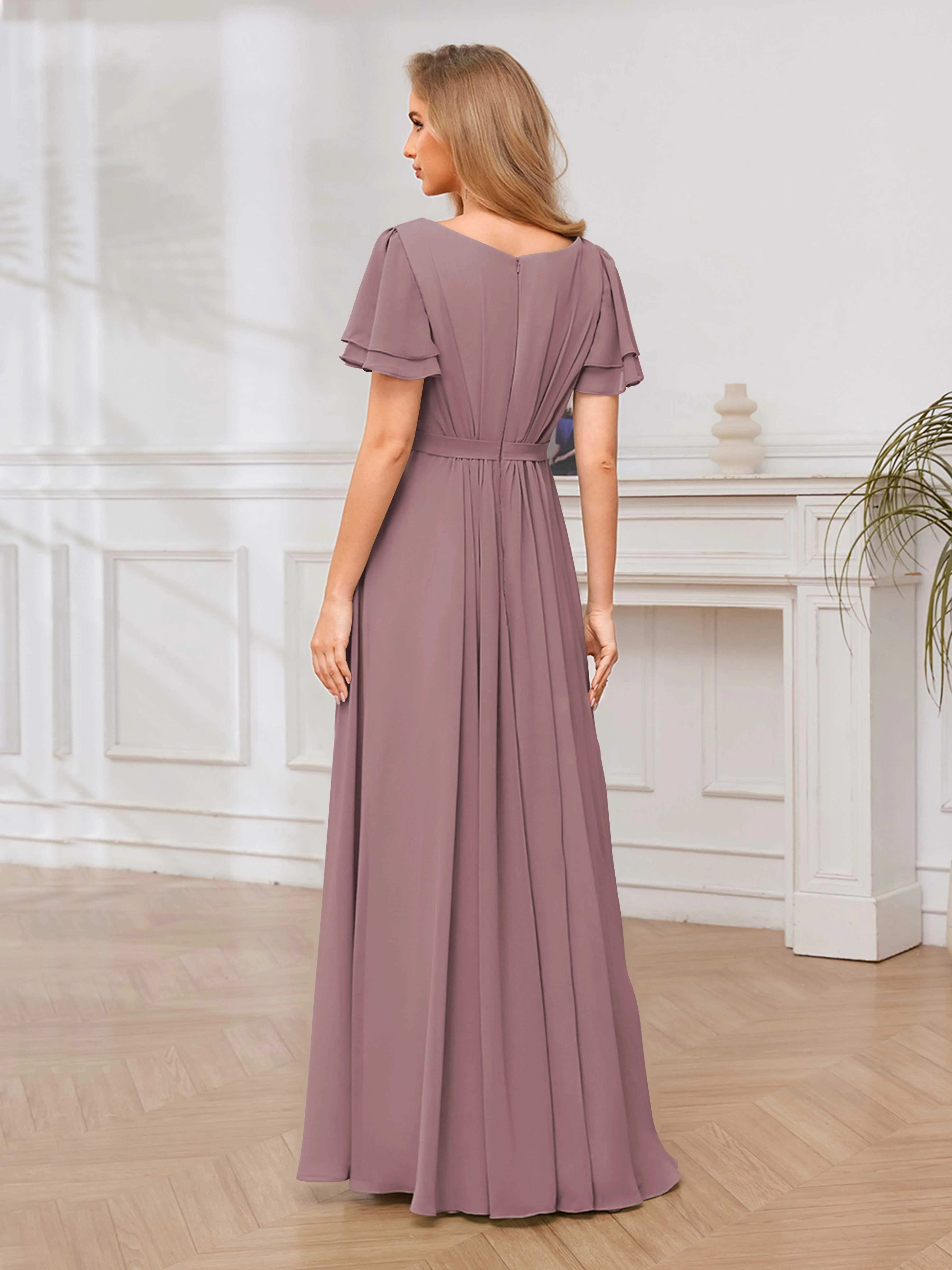 Briana Modest Scoop Short Sleeves Long Chiffon Bridesmaid Dresses