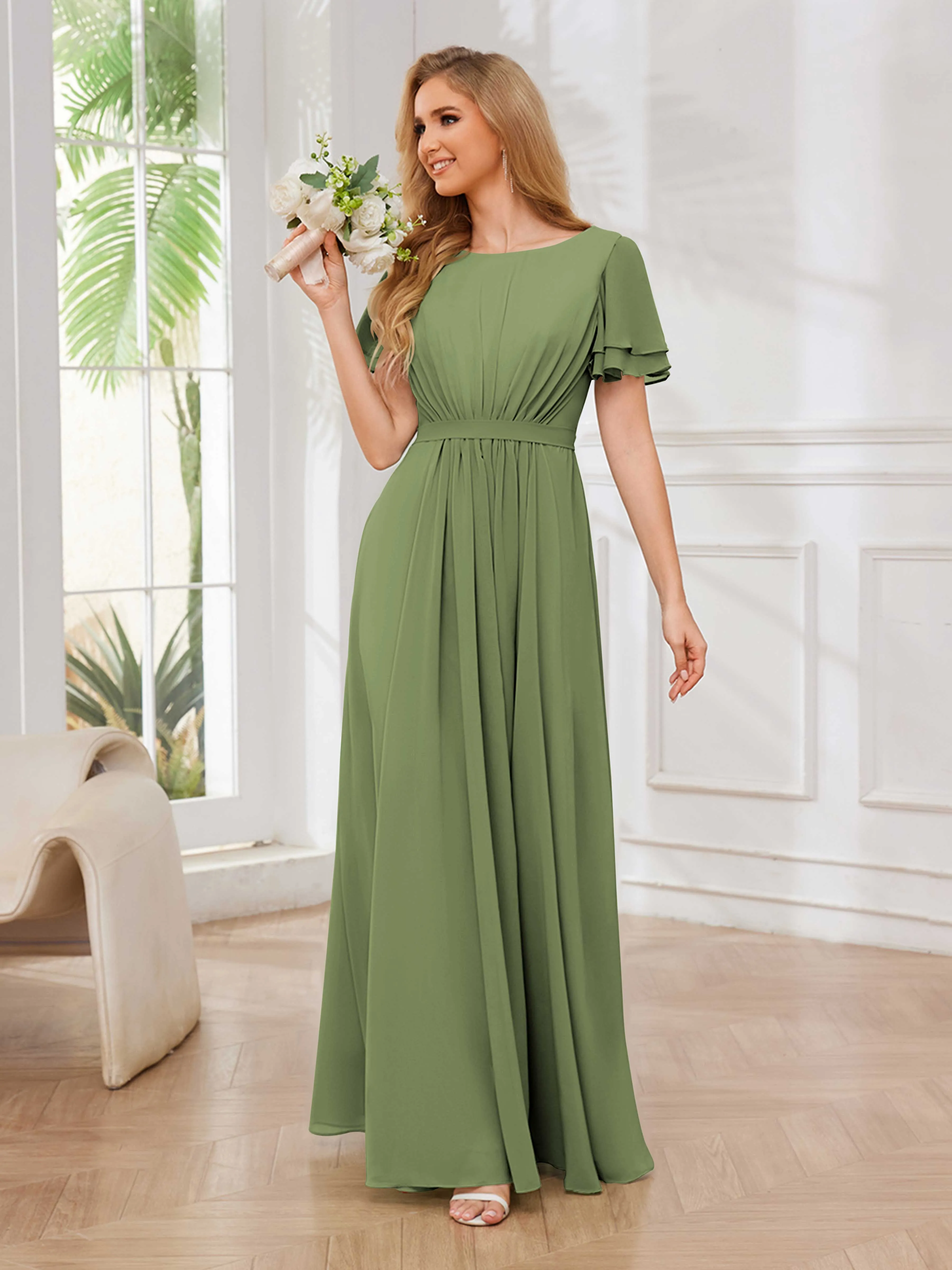 Briana Modest Scoop Short Sleeves Long Chiffon Bridesmaid Dresses
