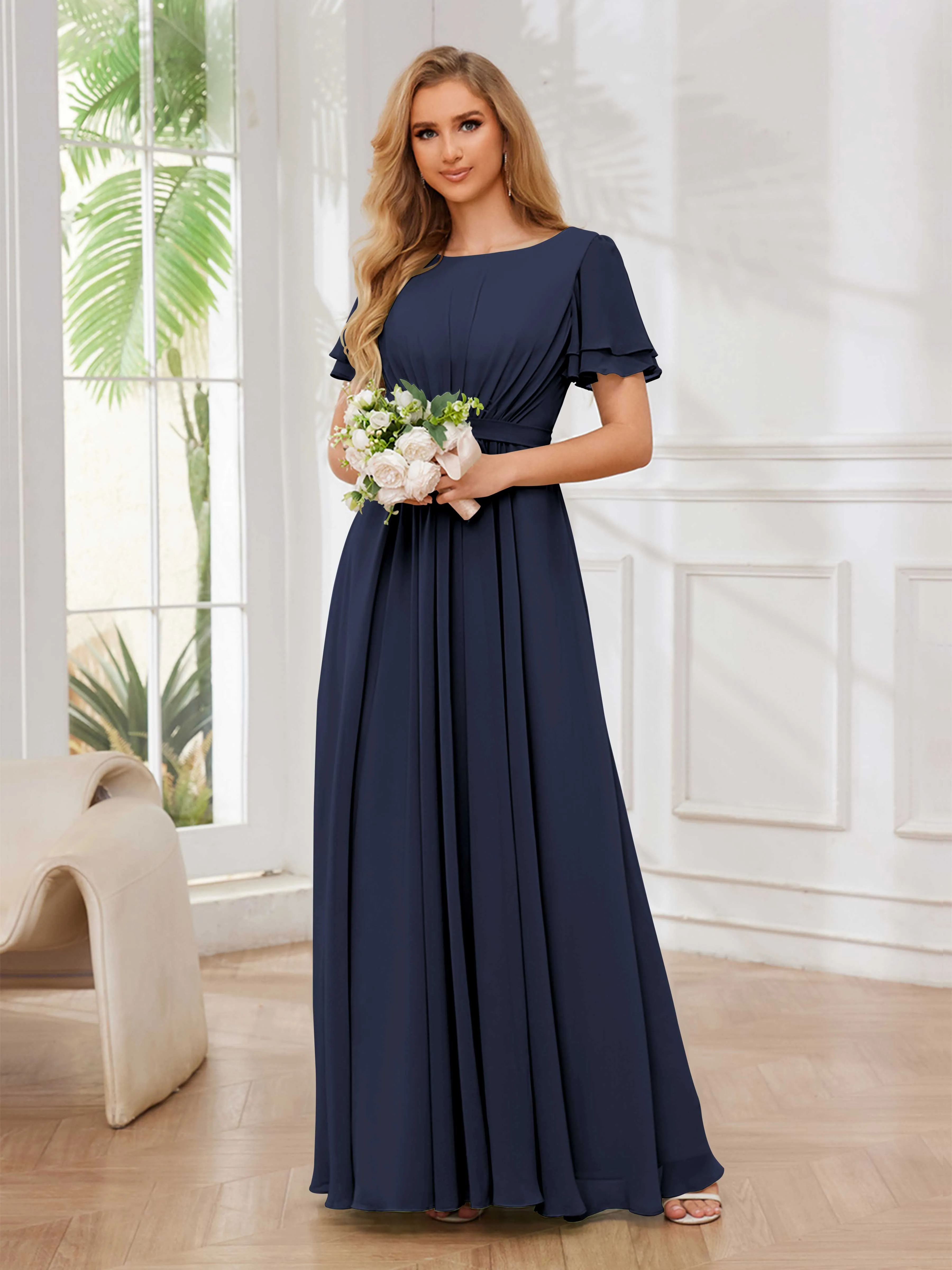 Briana Modest Scoop Short Sleeves Long Chiffon Bridesmaid Dresses