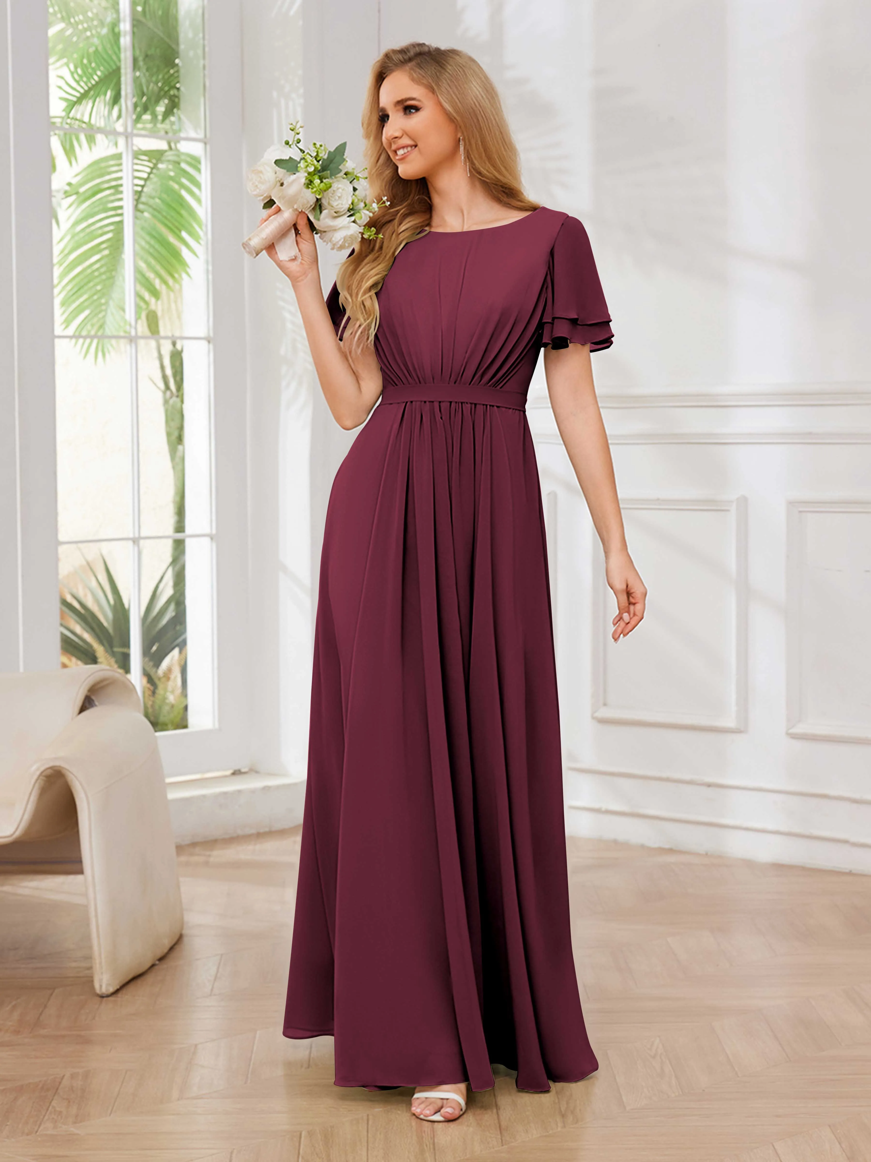 Briana Modest Scoop Short Sleeves Long Chiffon Bridesmaid Dresses