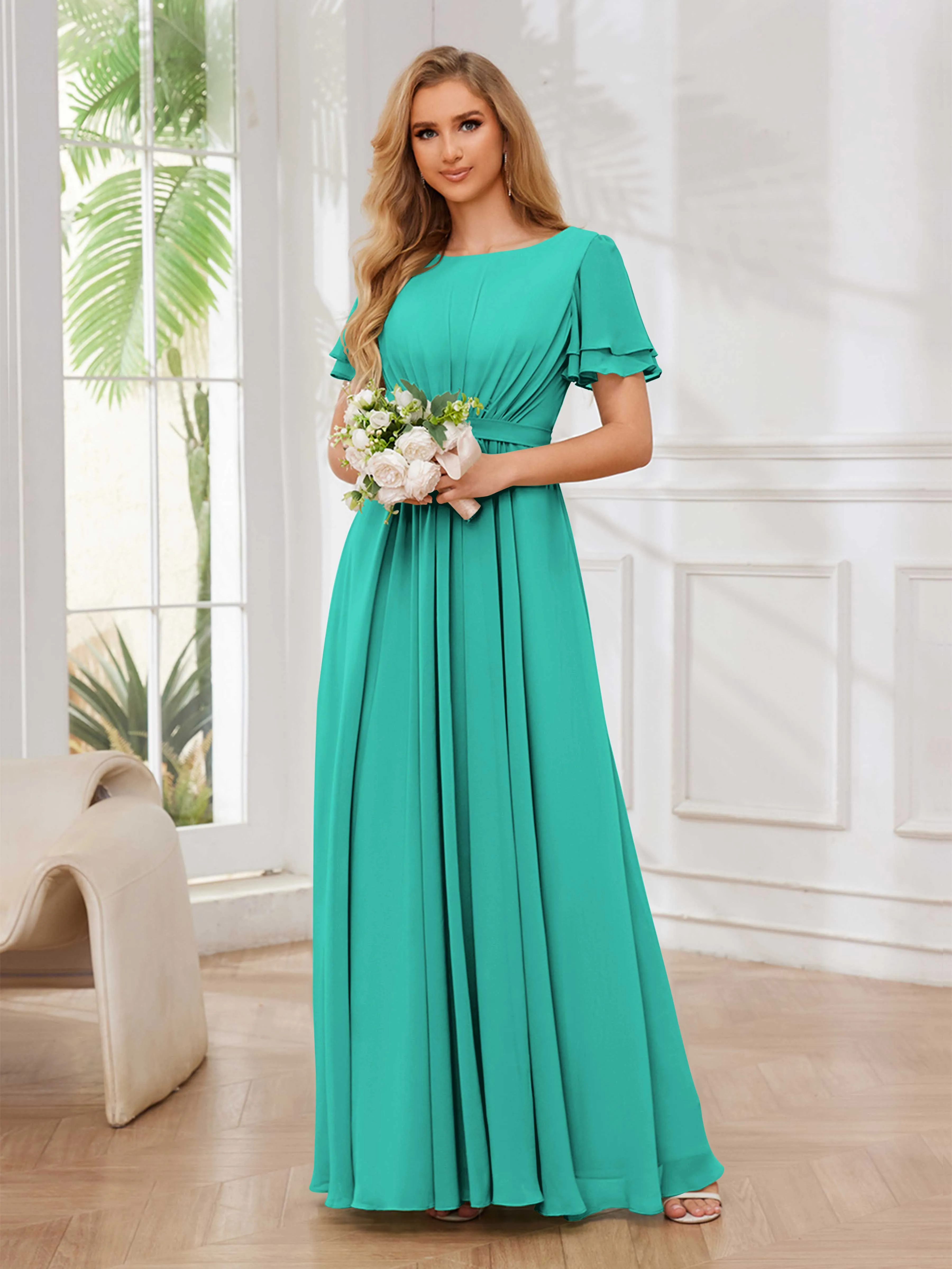 Briana Modest Scoop Short Sleeves Long Chiffon Bridesmaid Dresses