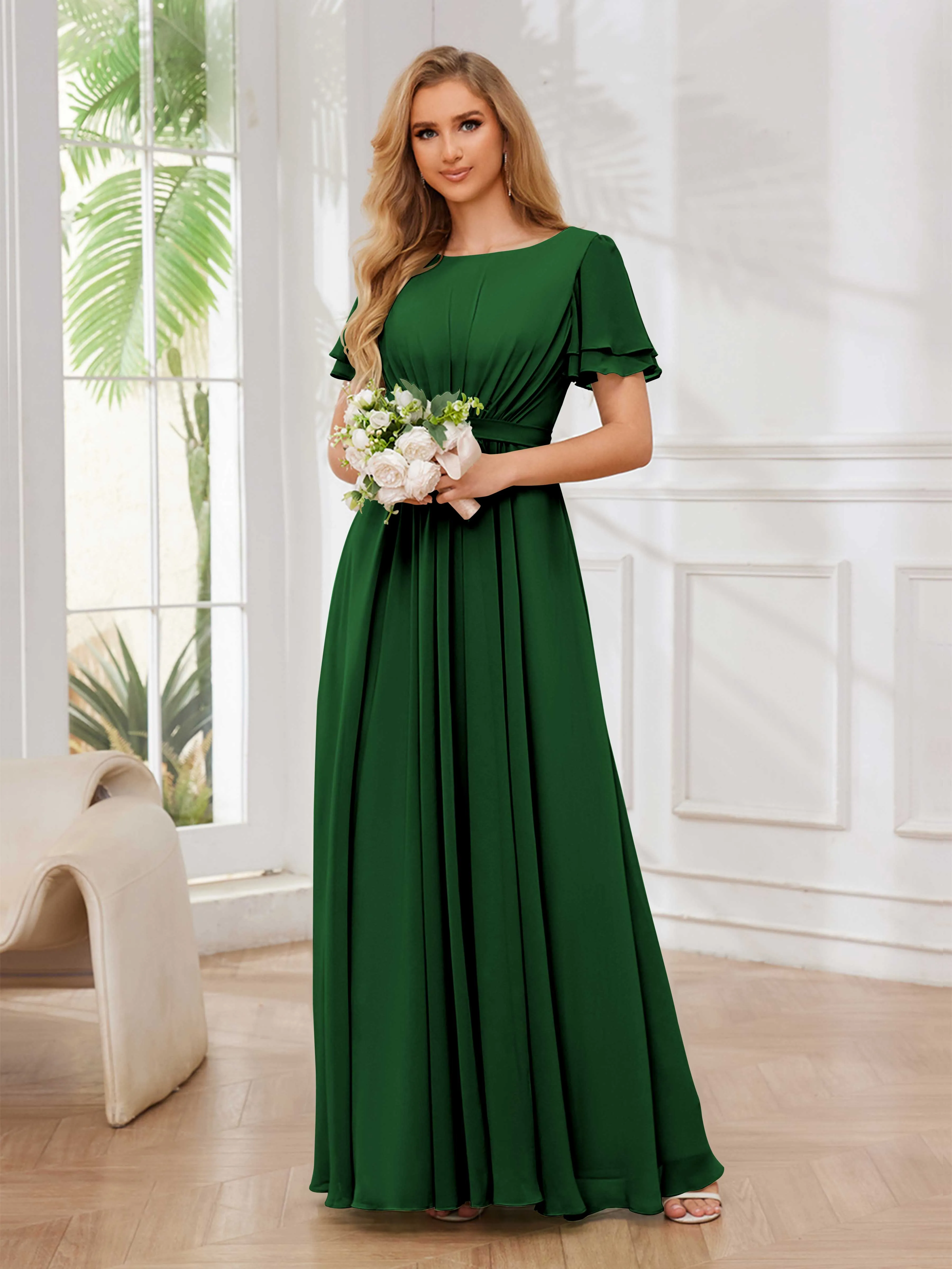 Briana Modest Scoop Short Sleeves Long Chiffon Bridesmaid Dresses
