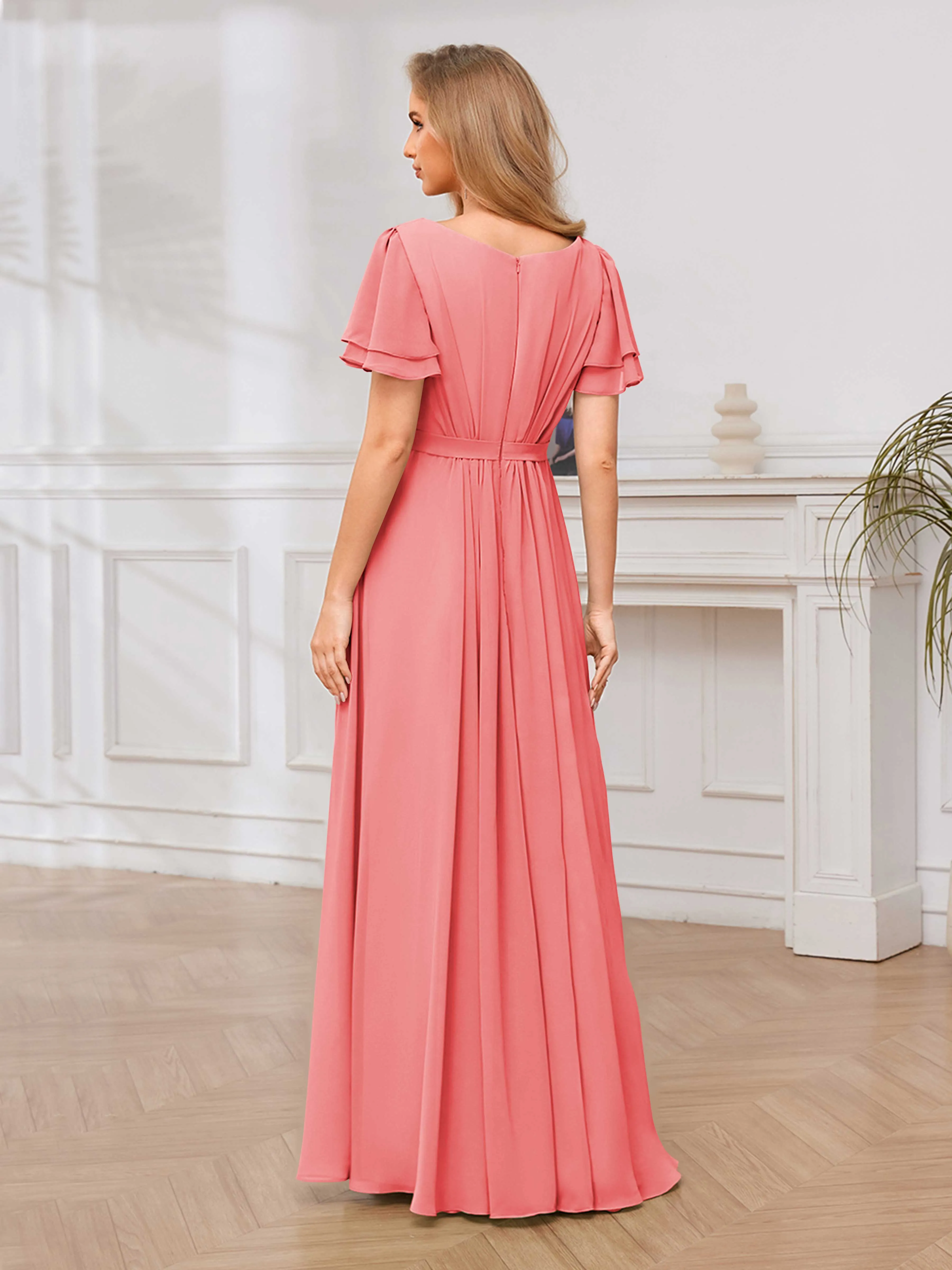 Briana Modest Scoop Short Sleeves Long Chiffon Bridesmaid Dresses