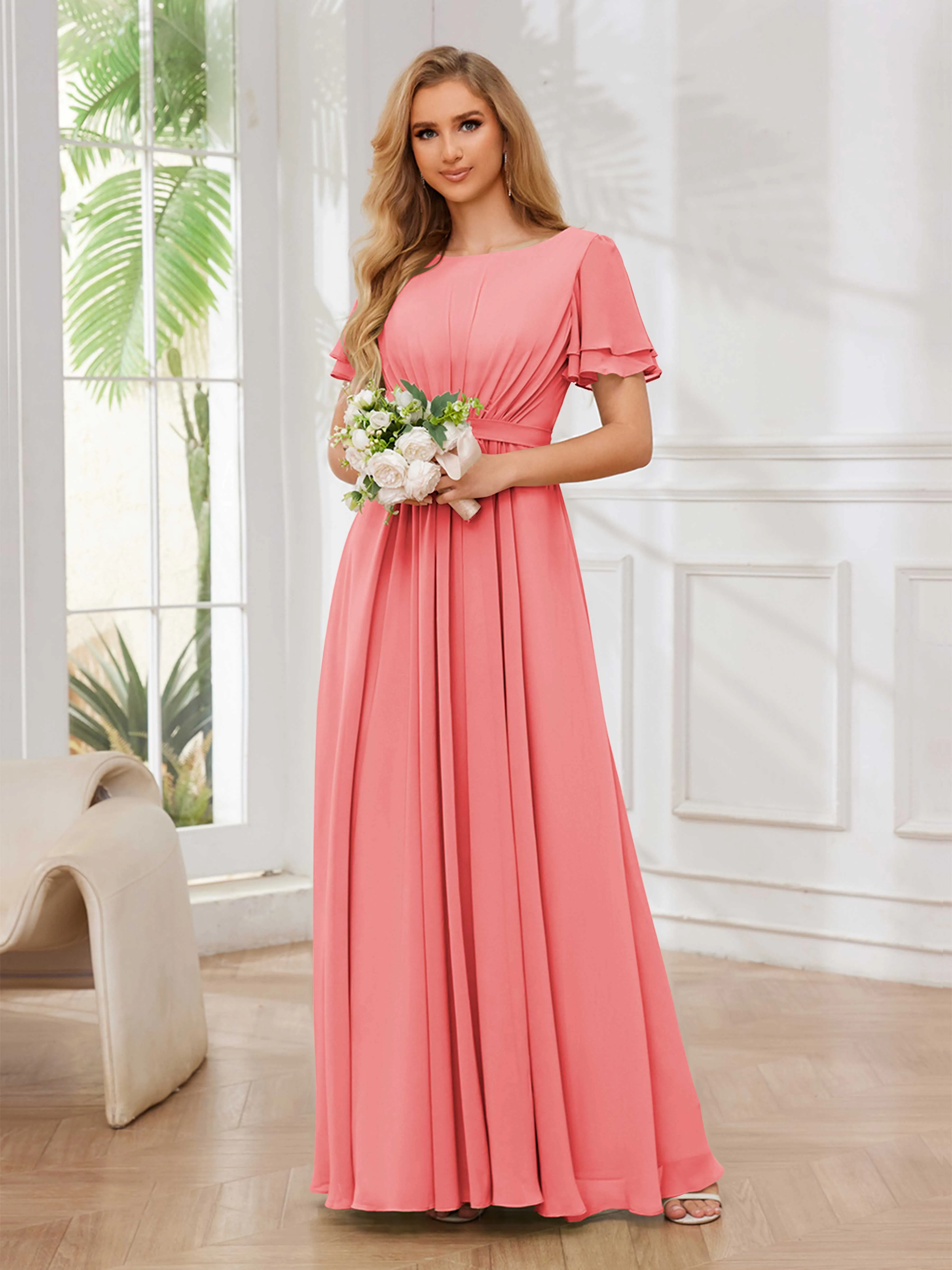 Briana Modest Scoop Short Sleeves Long Chiffon Bridesmaid Dresses