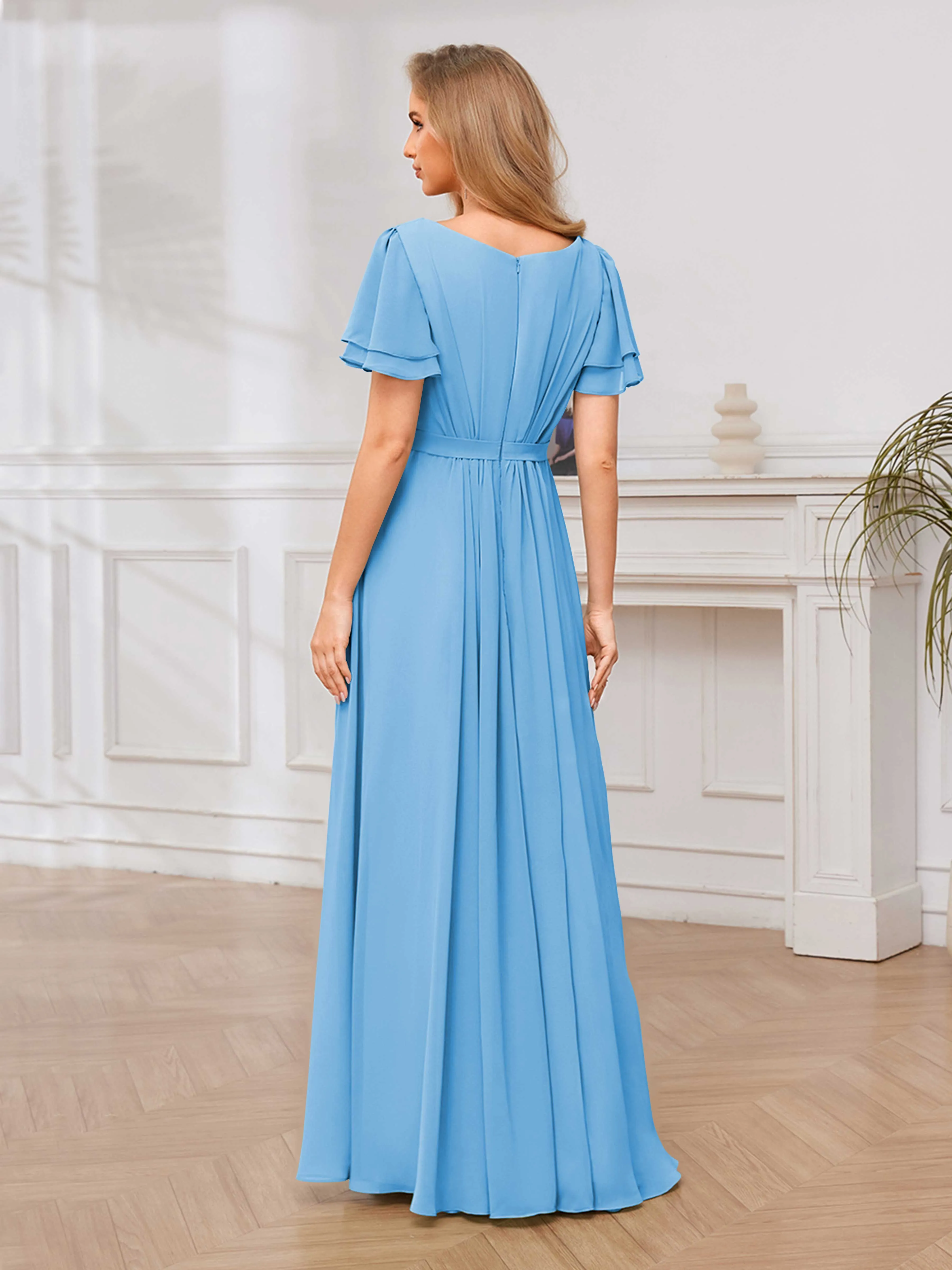 Briana Modest Scoop Short Sleeves Long Chiffon Bridesmaid Dresses