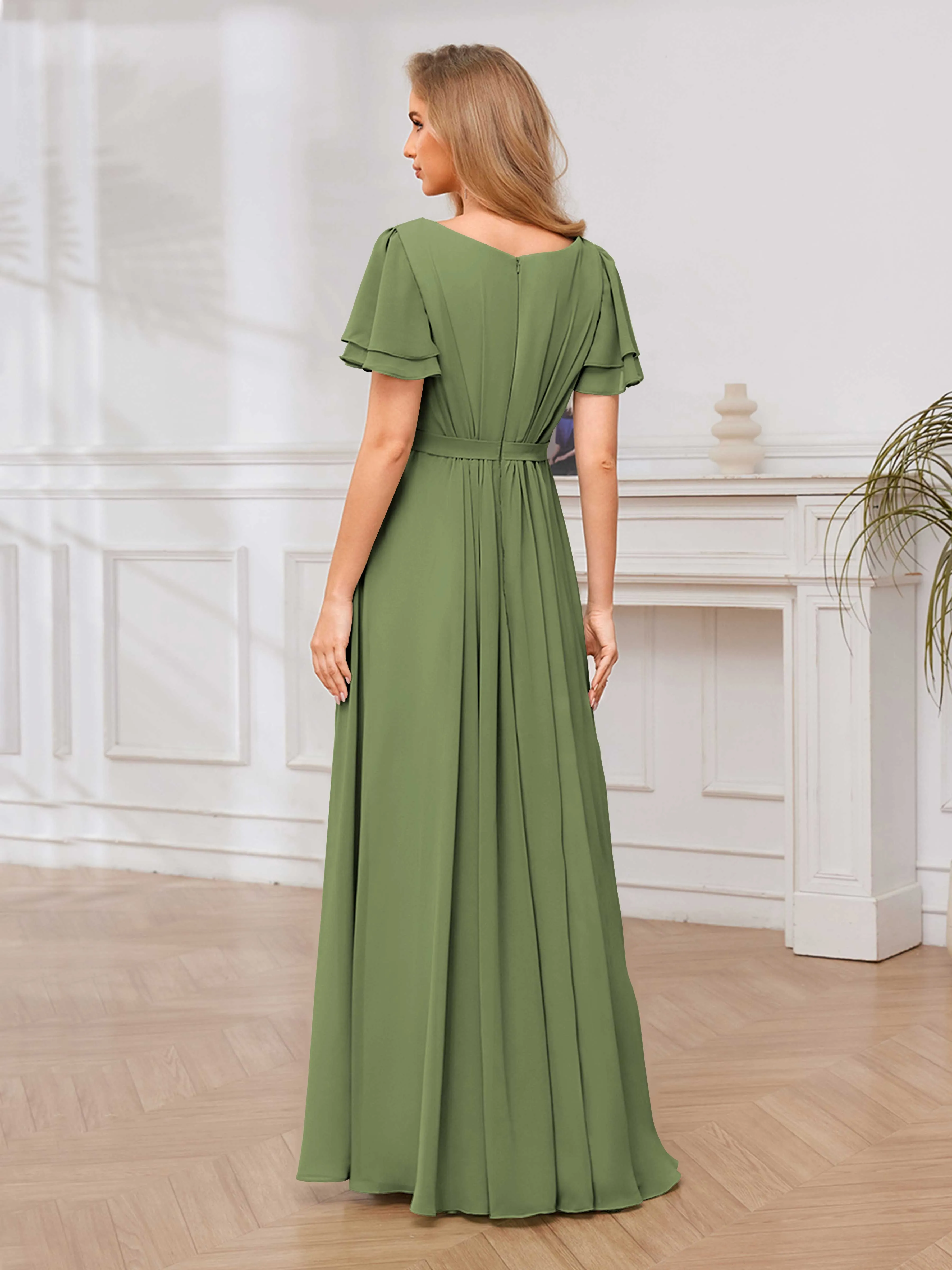Briana Modest Scoop Short Sleeves Long Chiffon Bridesmaid Dresses