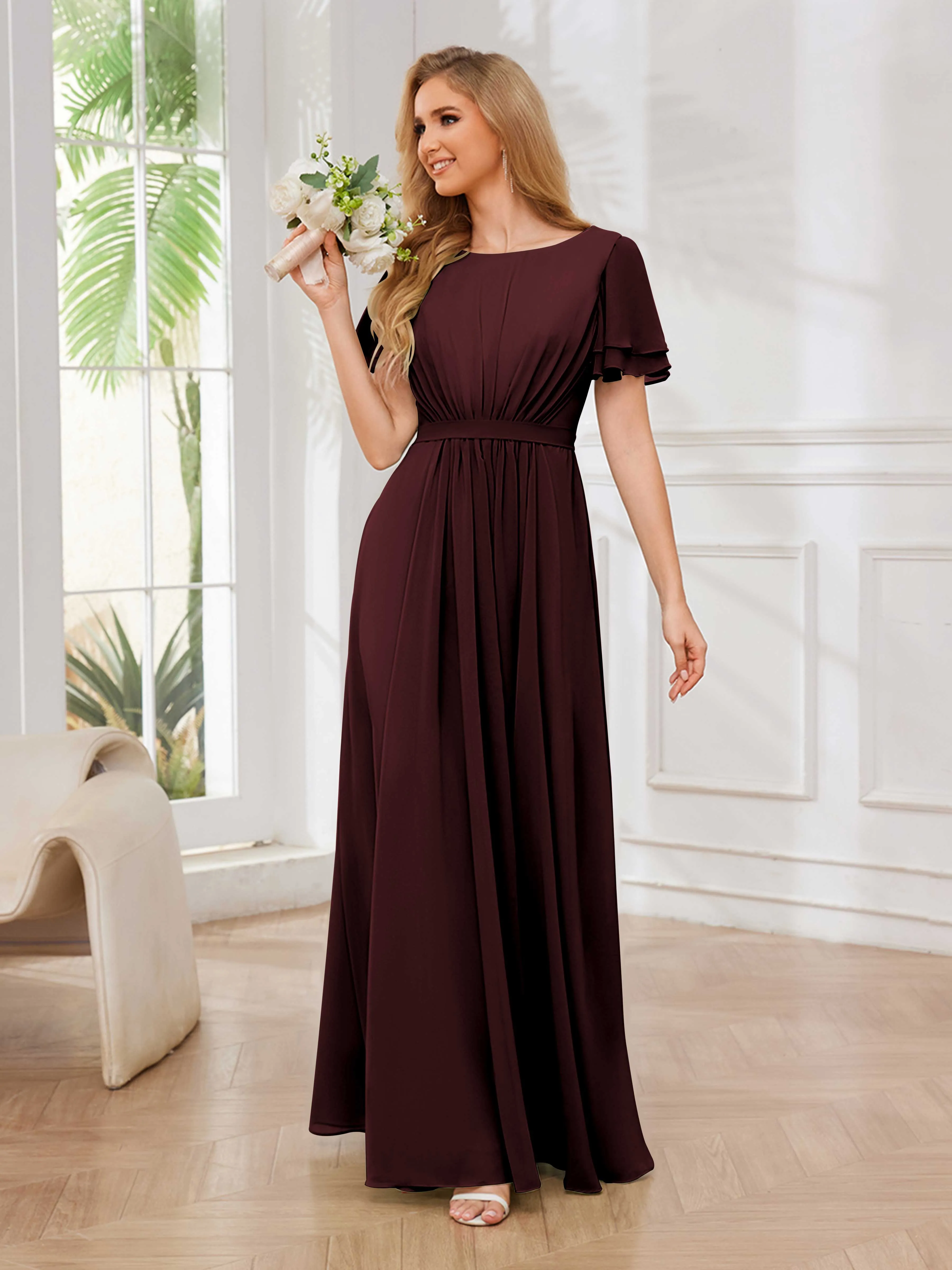 Briana Modest Scoop Short Sleeves Long Chiffon Bridesmaid Dresses