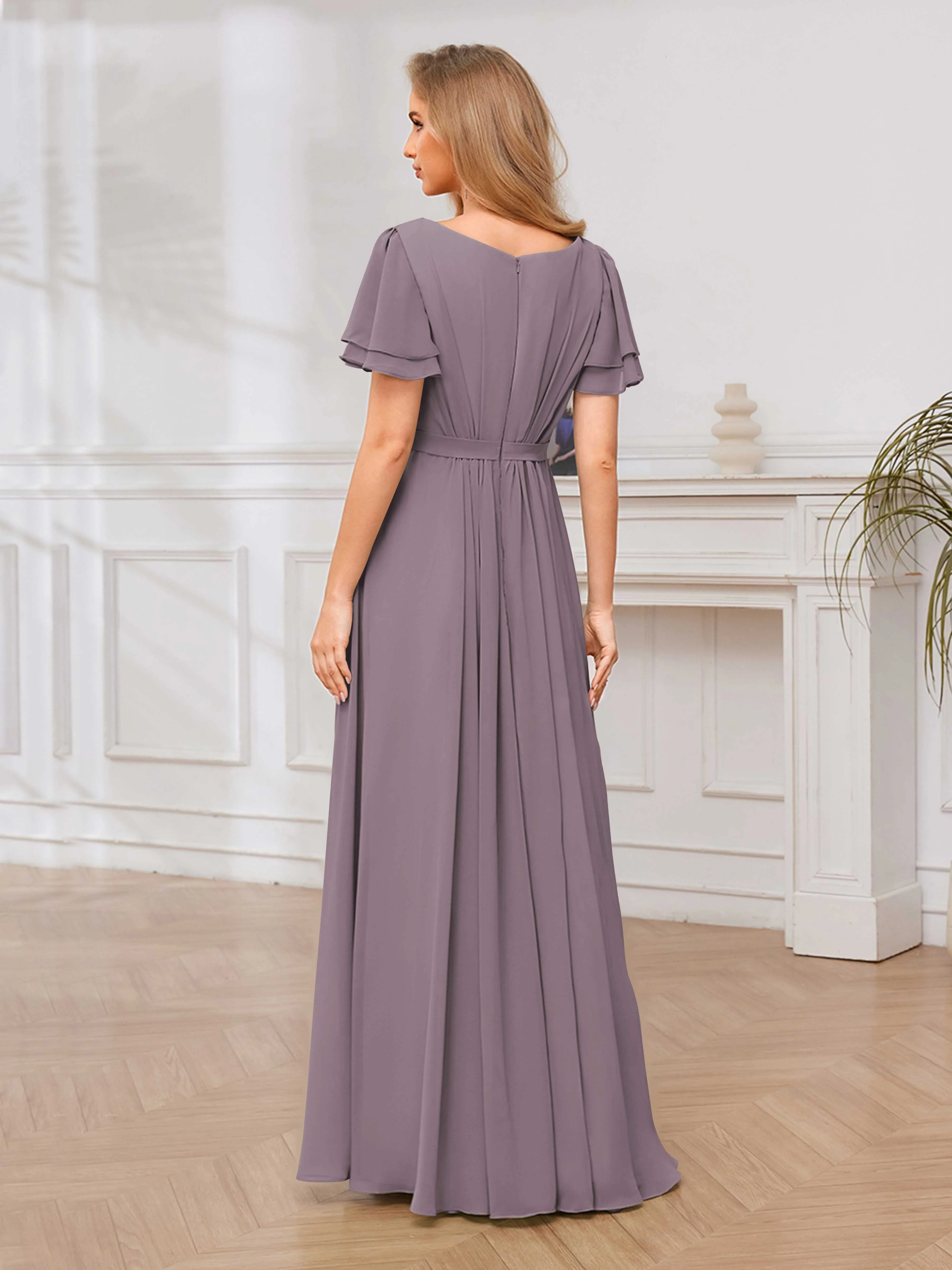 Briana Modest Scoop Short Sleeves Long Chiffon Bridesmaid Dresses