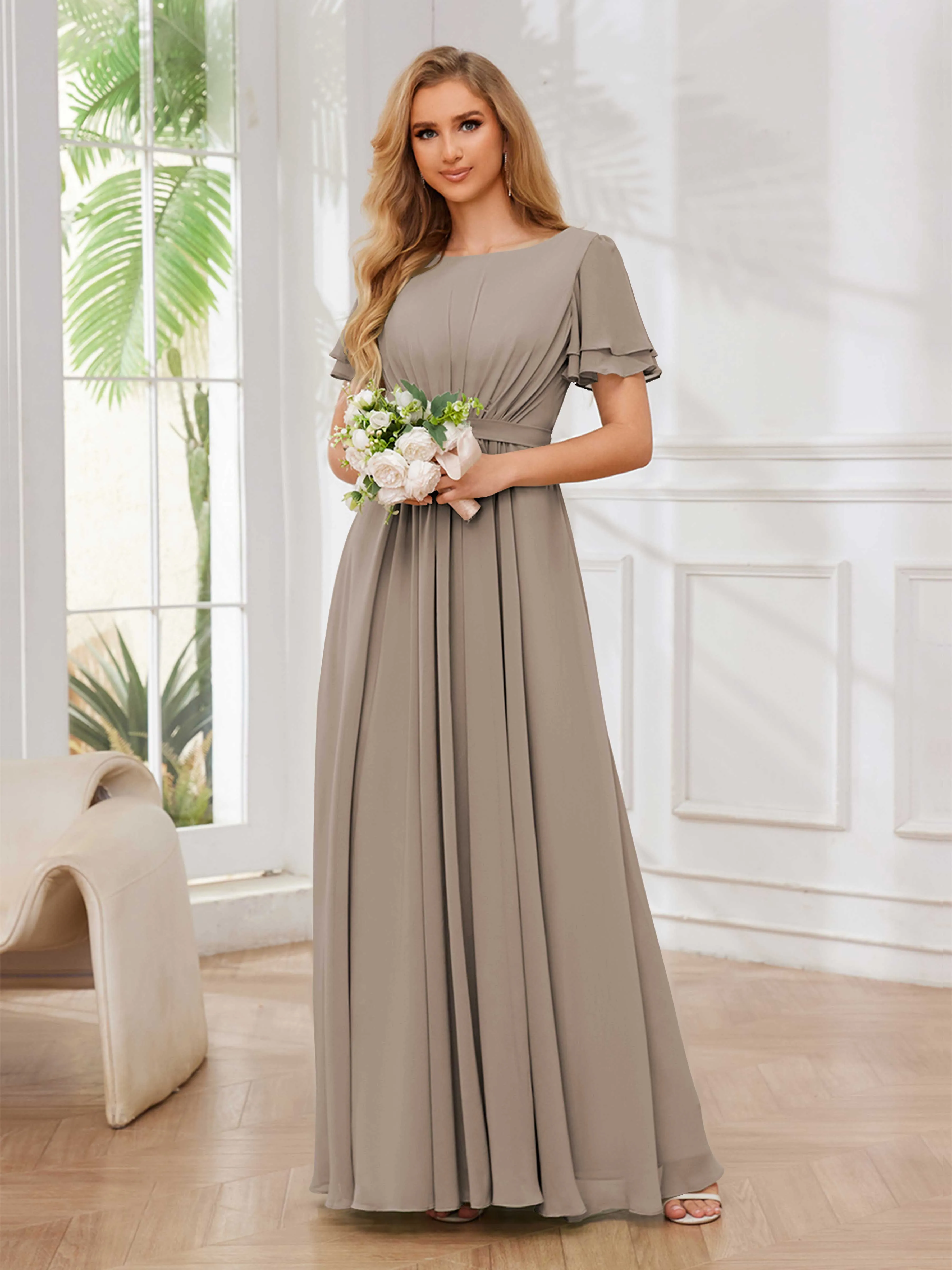 Briana Modest Scoop Short Sleeves Long Chiffon Bridesmaid Dresses