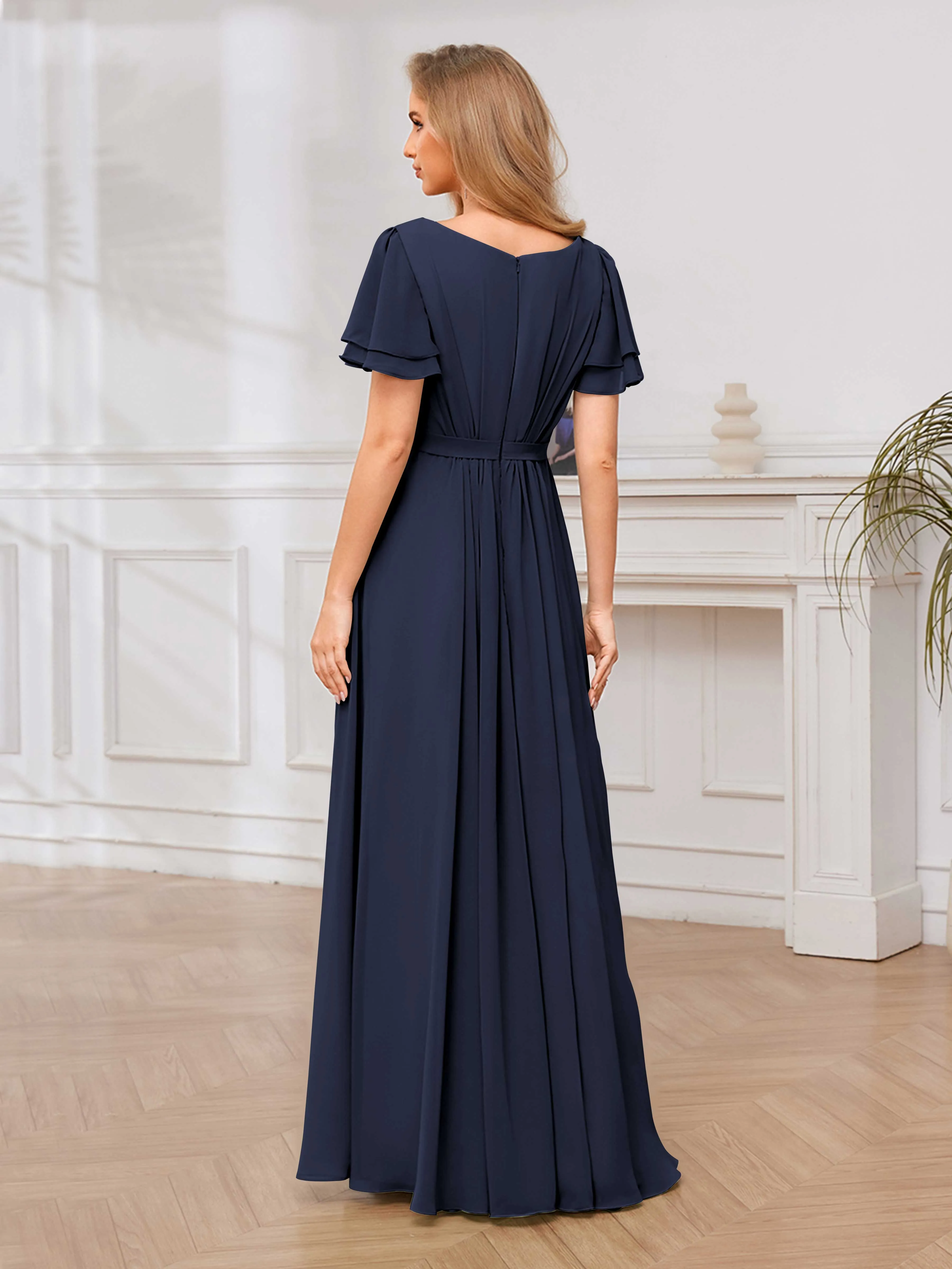 Briana Modest Scoop Short Sleeves Long Chiffon Bridesmaid Dresses