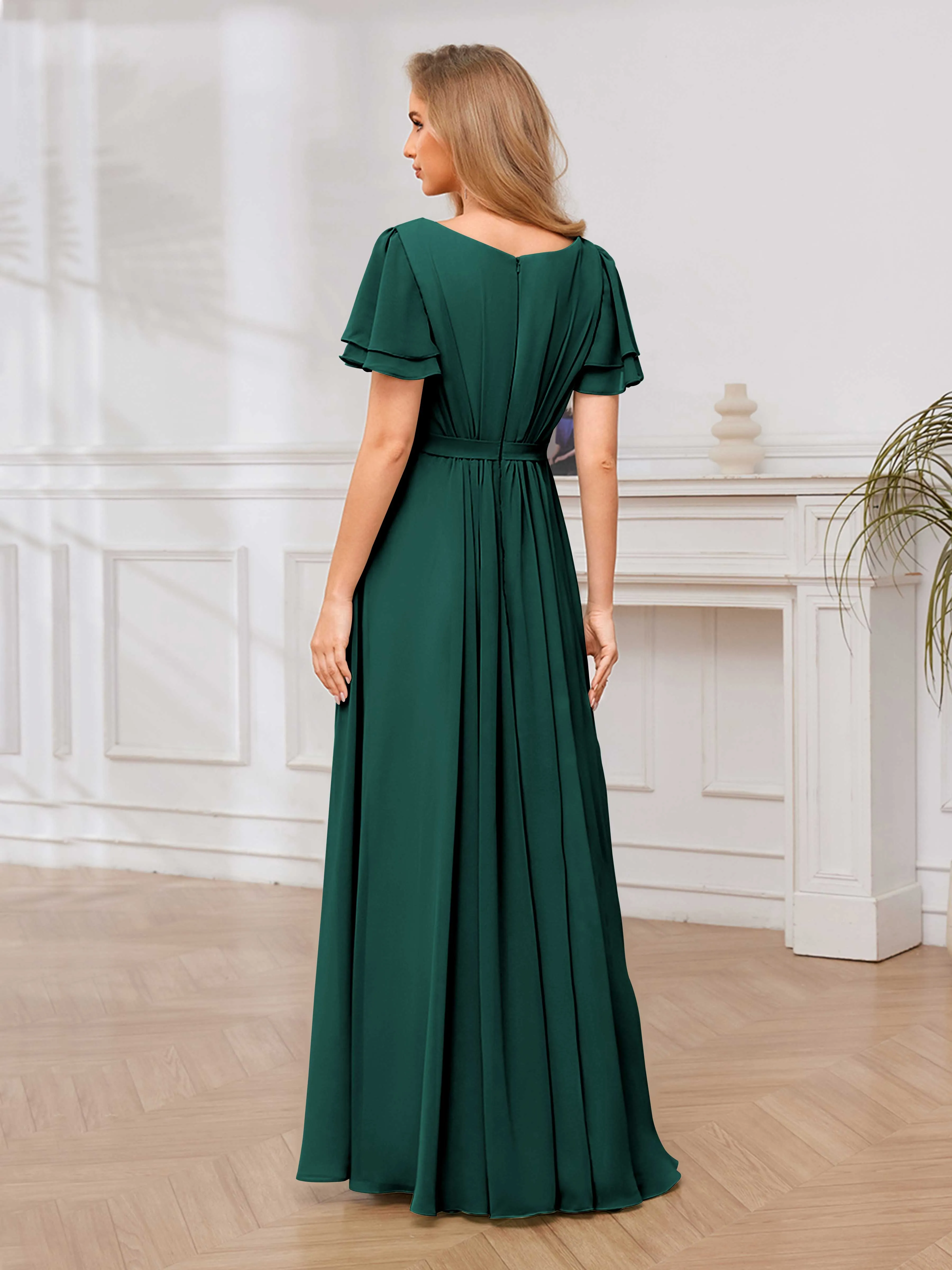 Briana Modest Scoop Short Sleeves Long Chiffon Bridesmaid Dresses