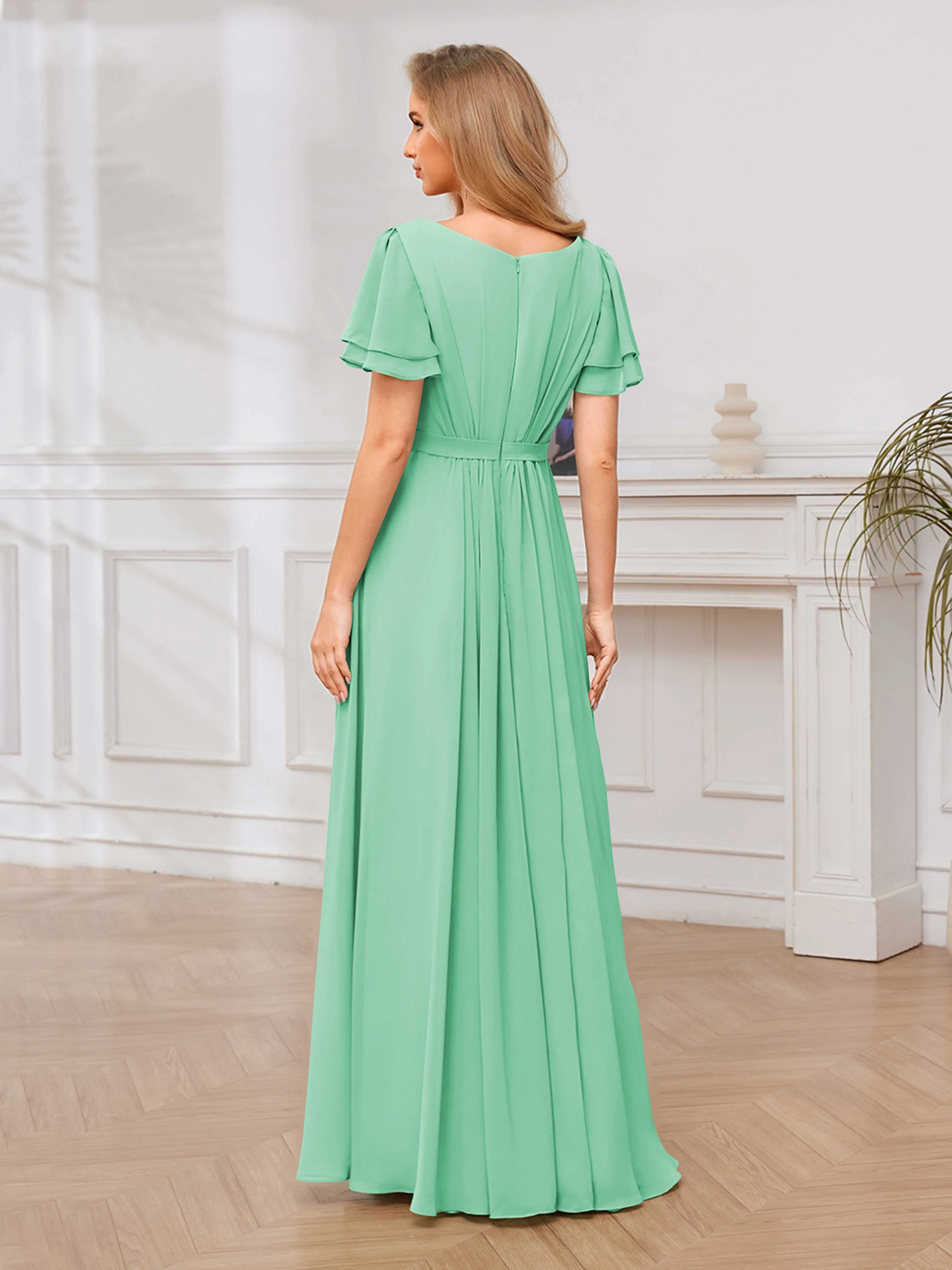 Briana Modest Scoop Short Sleeves Long Chiffon Bridesmaid Dresses