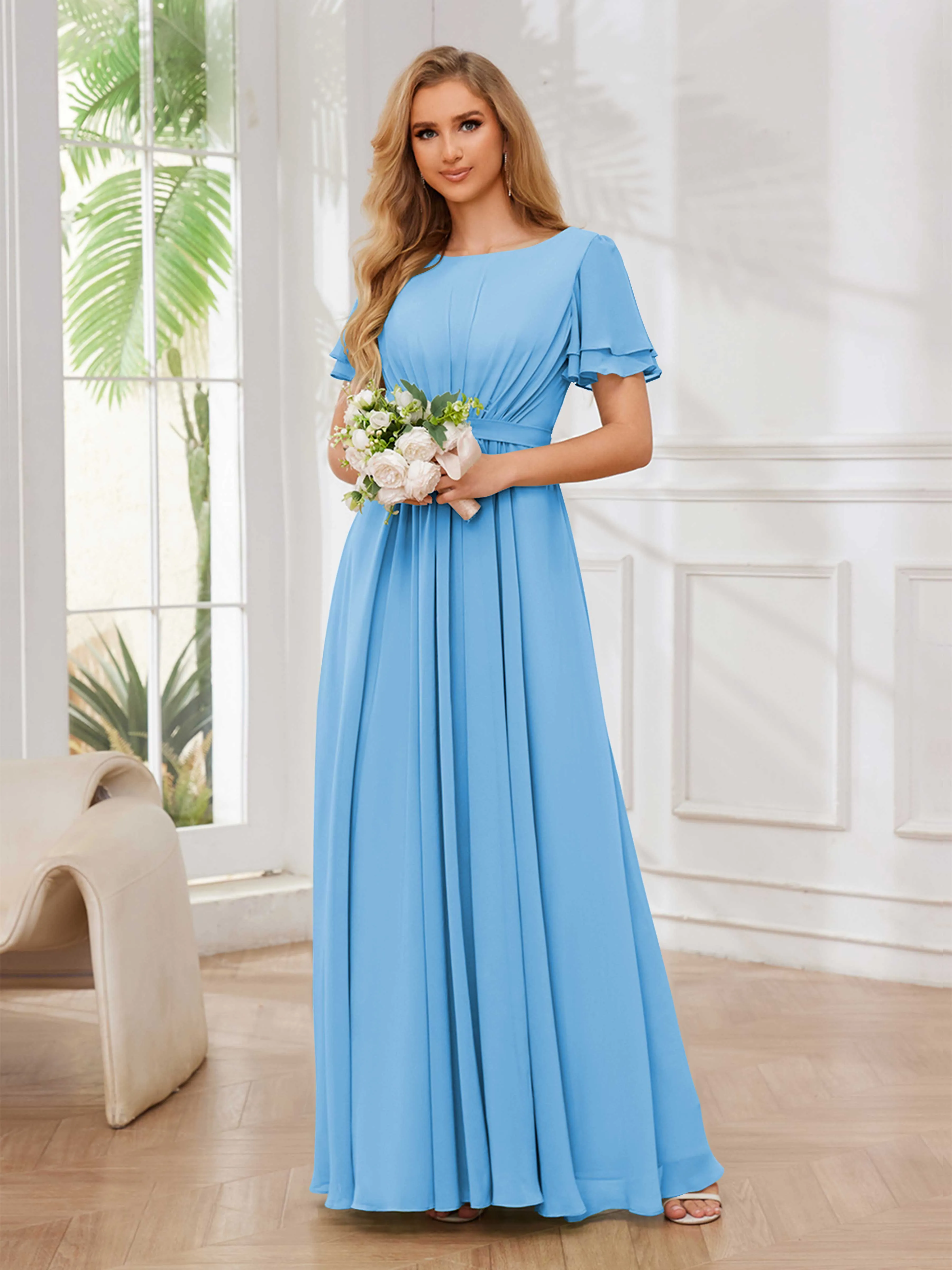 Briana Modest Scoop Short Sleeves Long Chiffon Bridesmaid Dresses