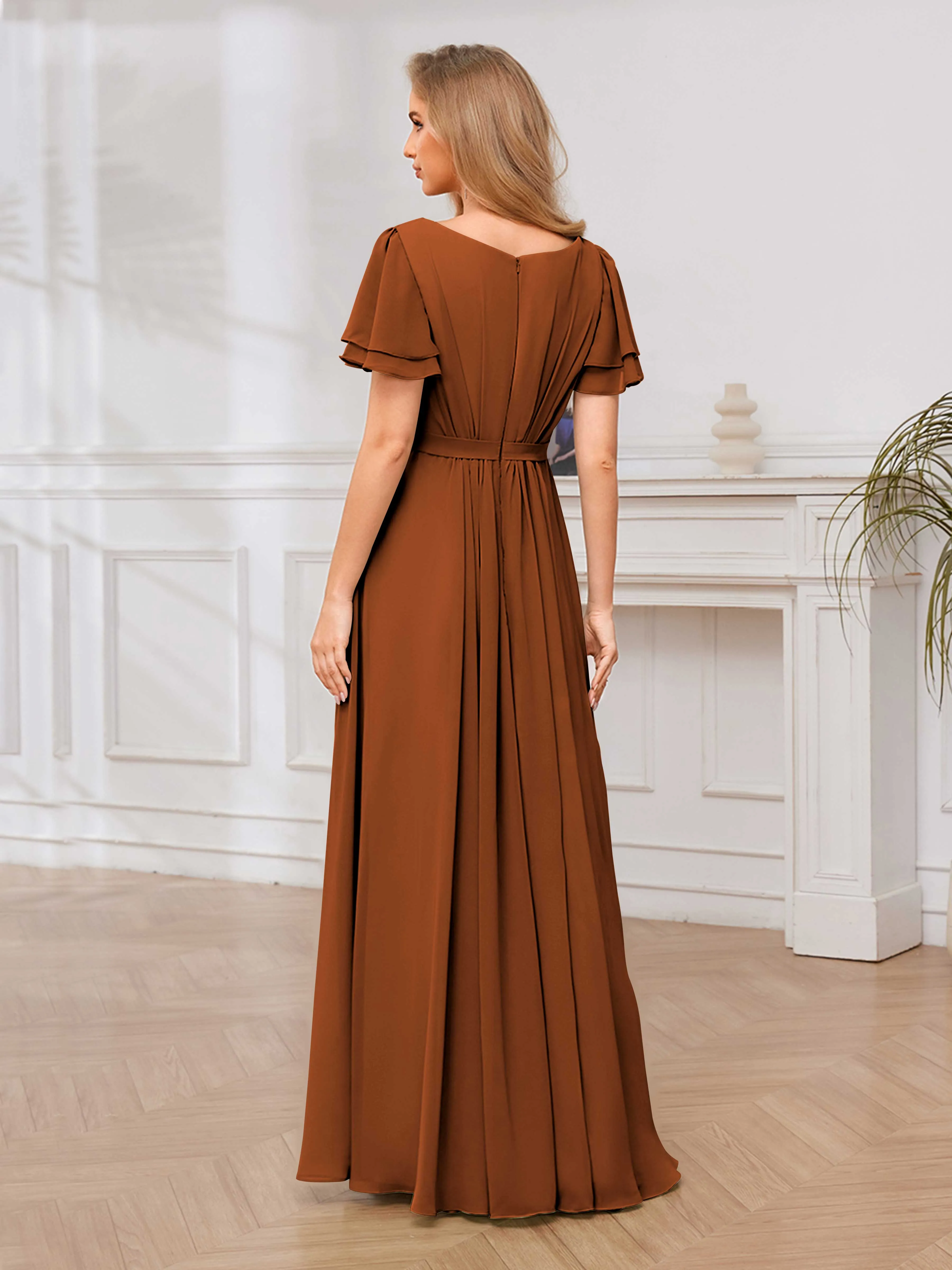 Briana Modest Scoop Short Sleeves Long Chiffon Bridesmaid Dresses