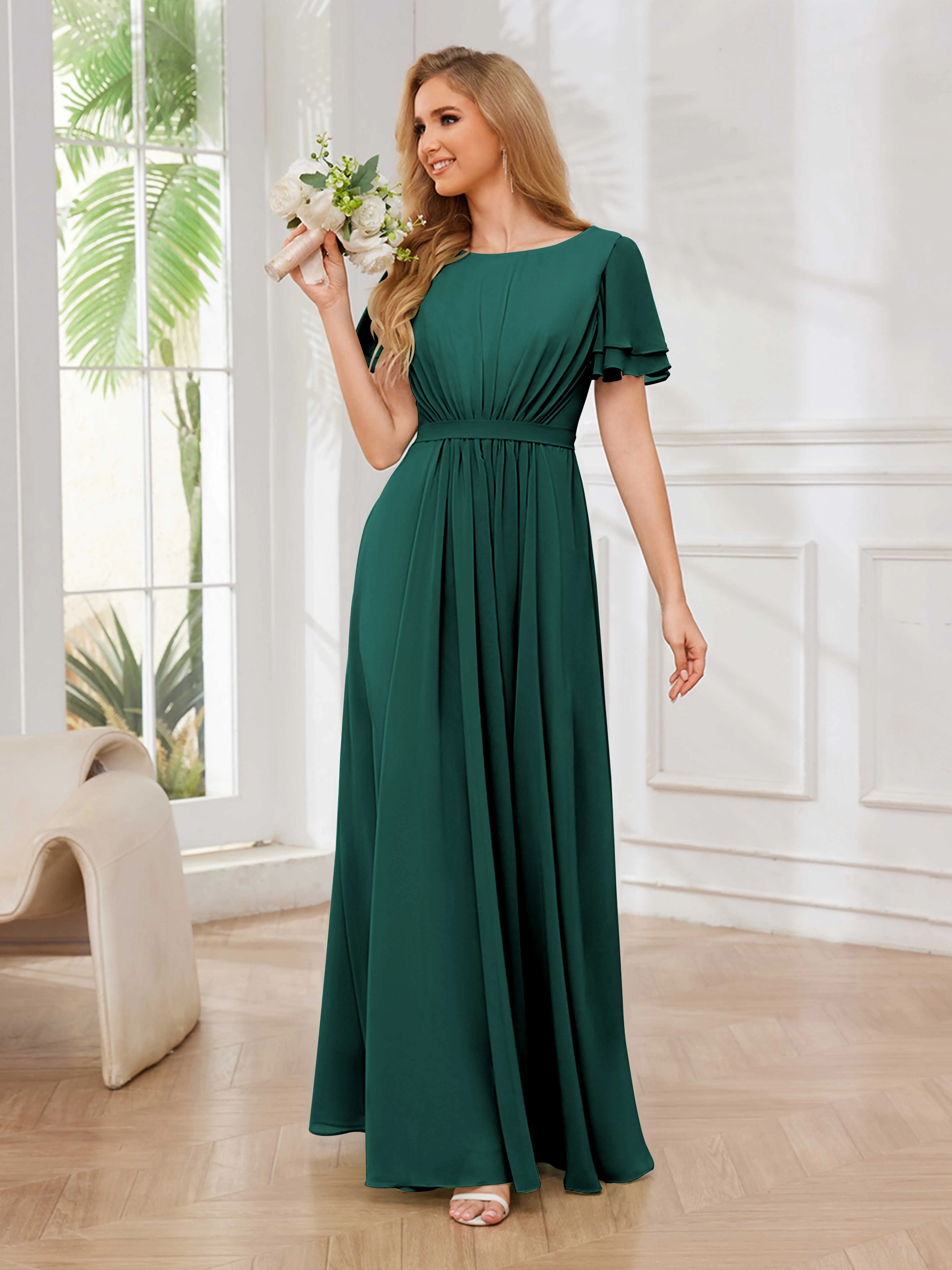 Briana Modest Scoop Short Sleeves Long Chiffon Bridesmaid Dresses