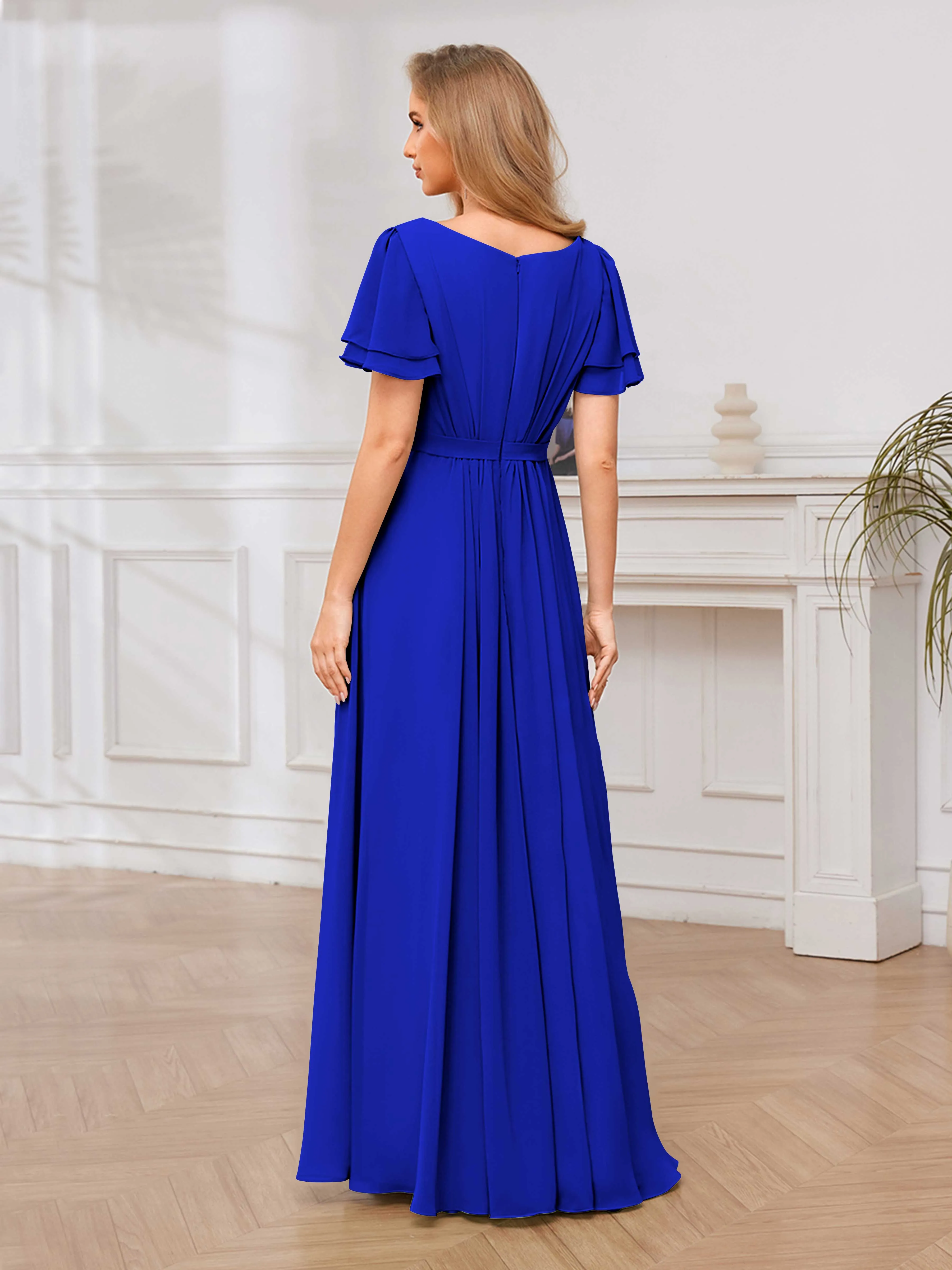 Briana Modest Scoop Short Sleeves Long Chiffon Bridesmaid Dresses