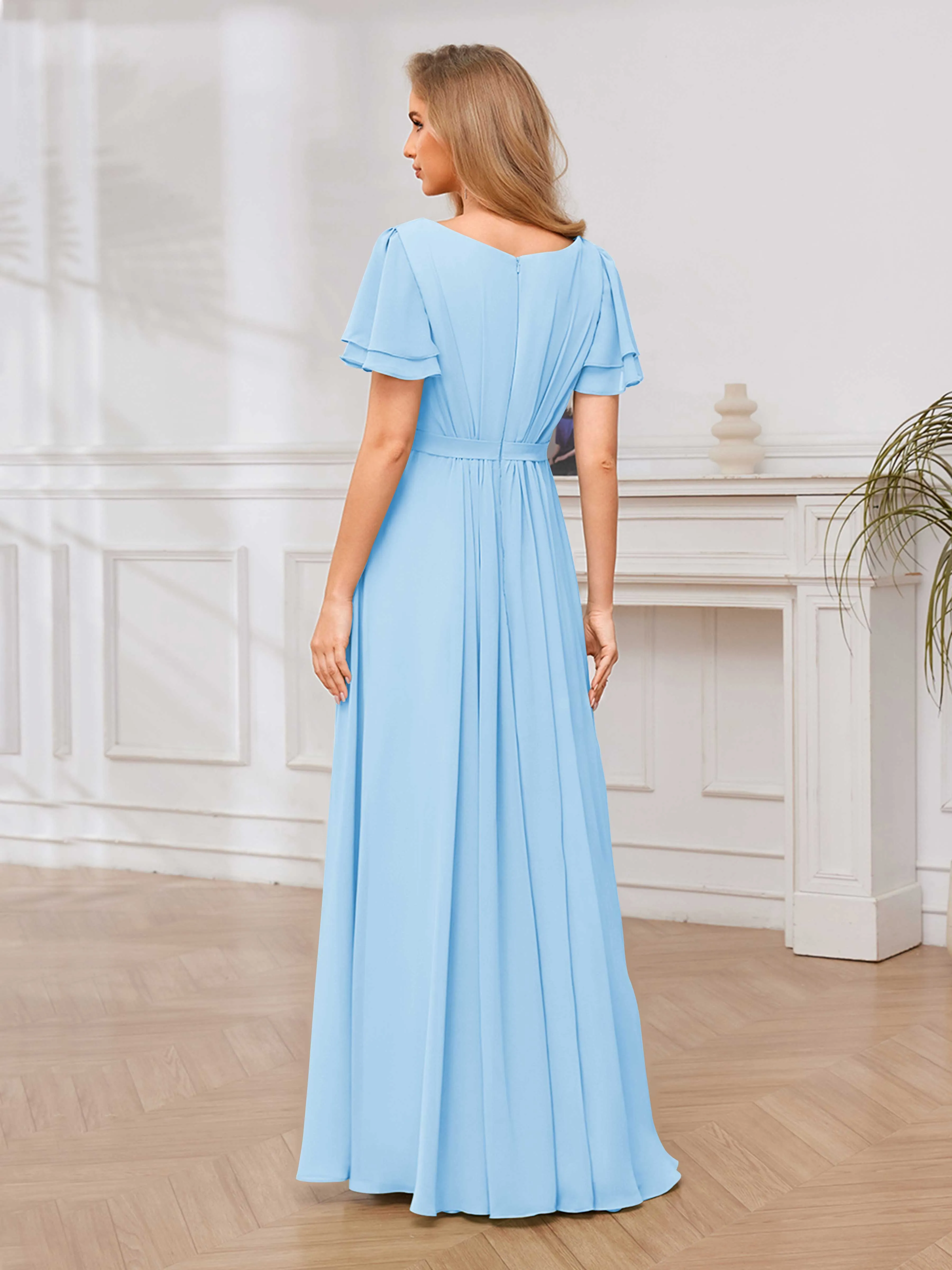 Briana Modest Scoop Short Sleeves Long Chiffon Bridesmaid Dresses