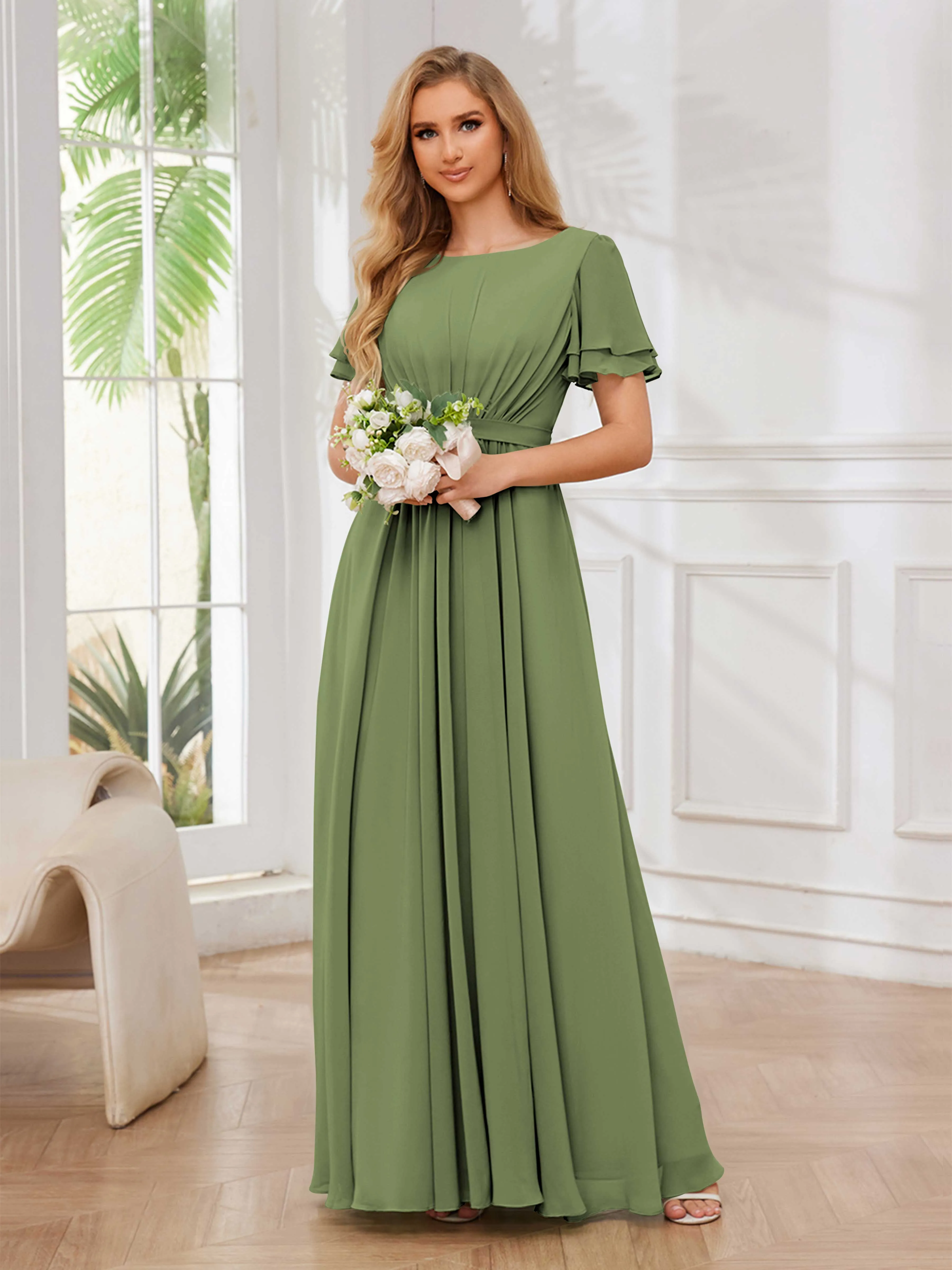 Briana Modest Scoop Short Sleeves Long Chiffon Bridesmaid Dresses