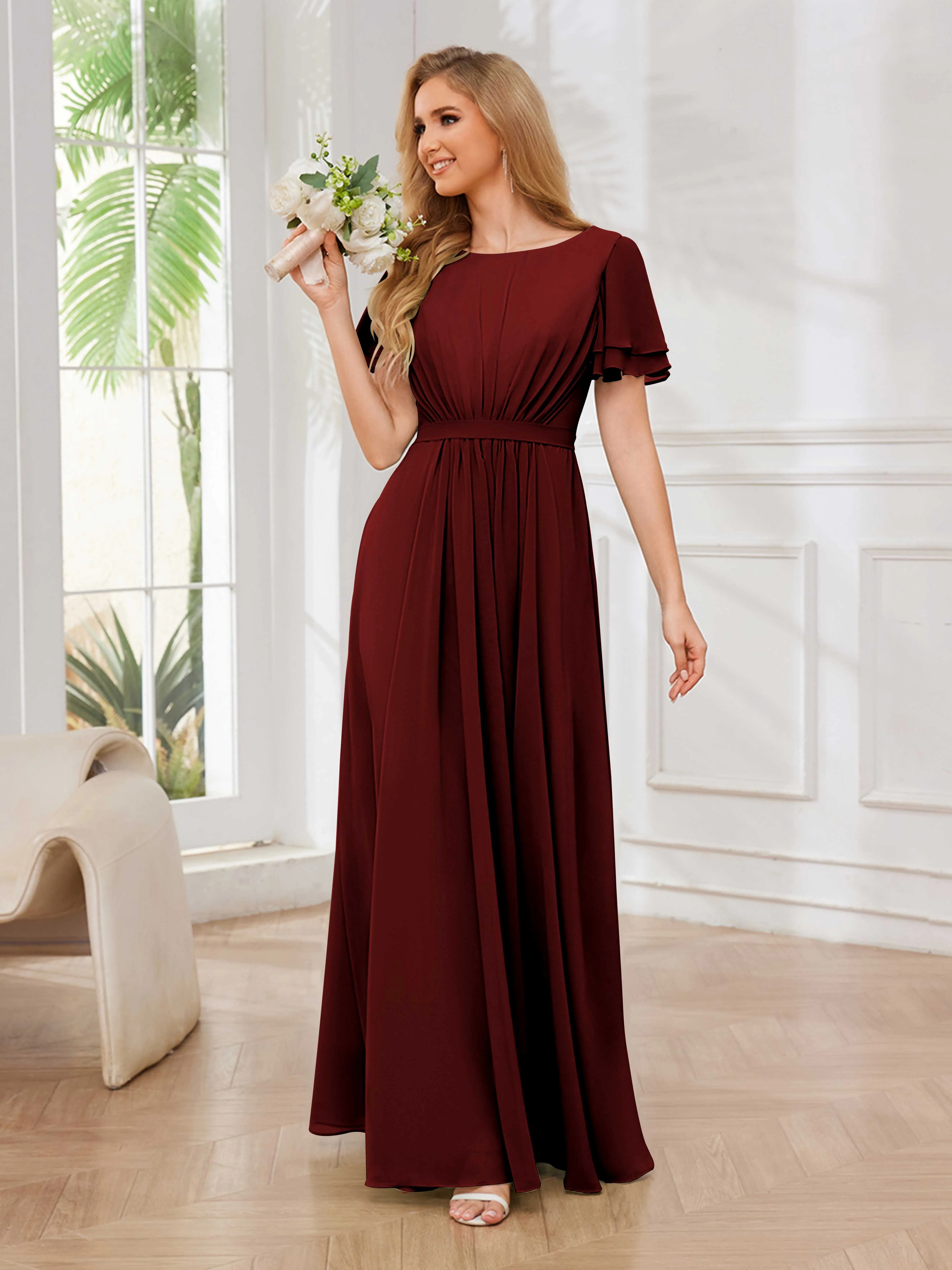 Briana Modest Scoop Short Sleeves Long Chiffon Bridesmaid Dresses