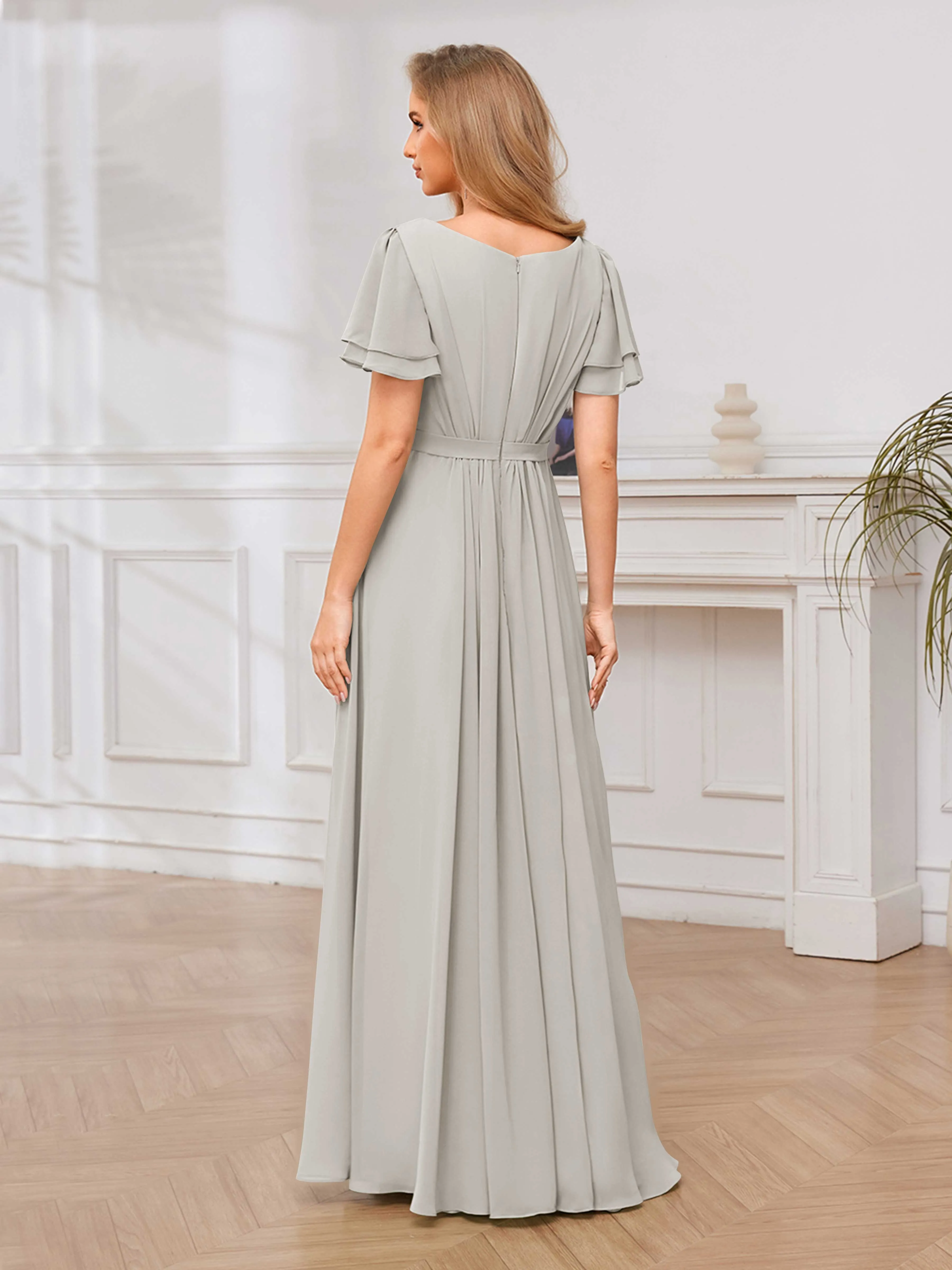 Briana Modest Scoop Short Sleeves Long Chiffon Bridesmaid Dresses