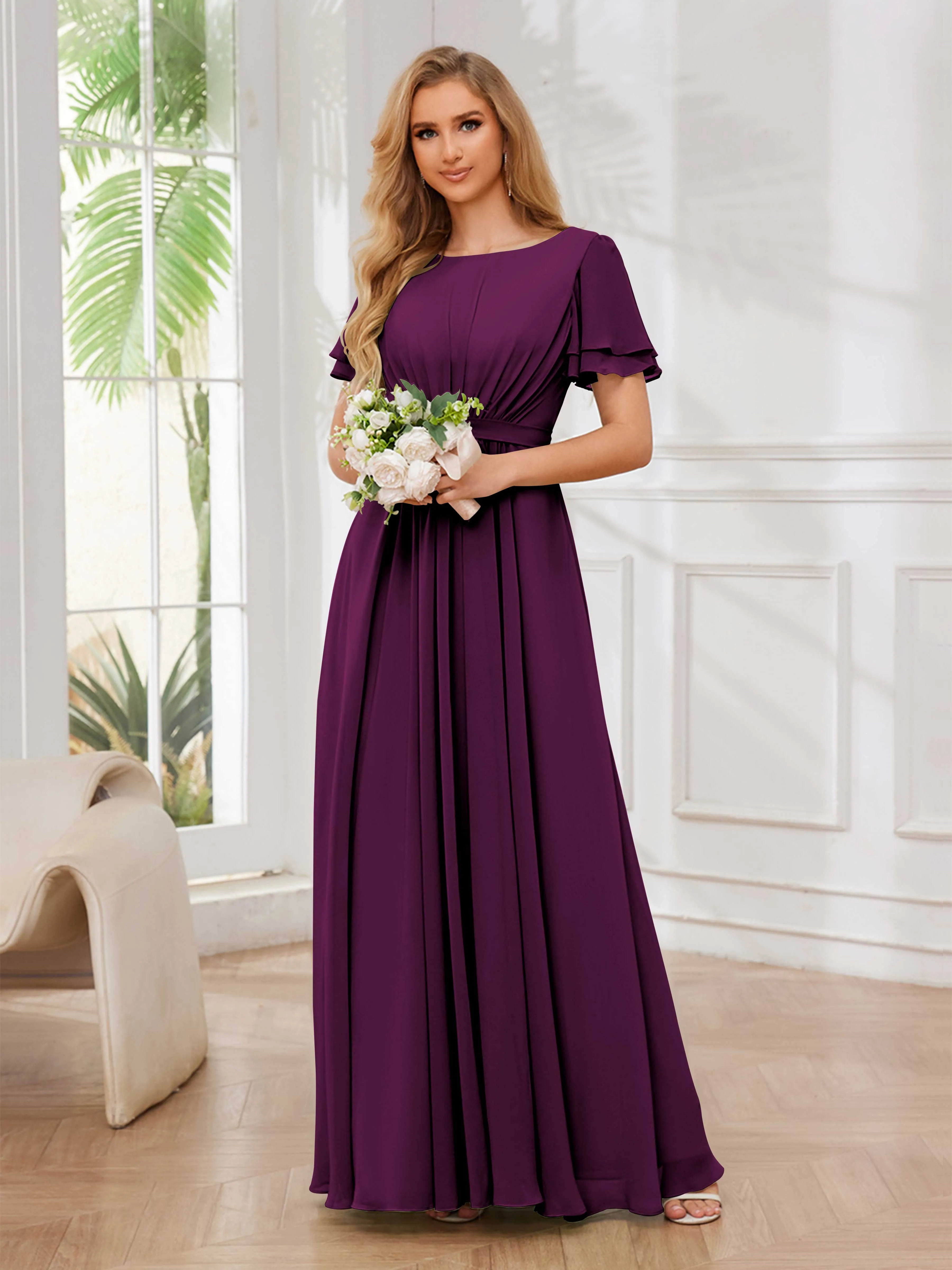 Briana Modest Scoop Short Sleeves Long Chiffon Bridesmaid Dresses