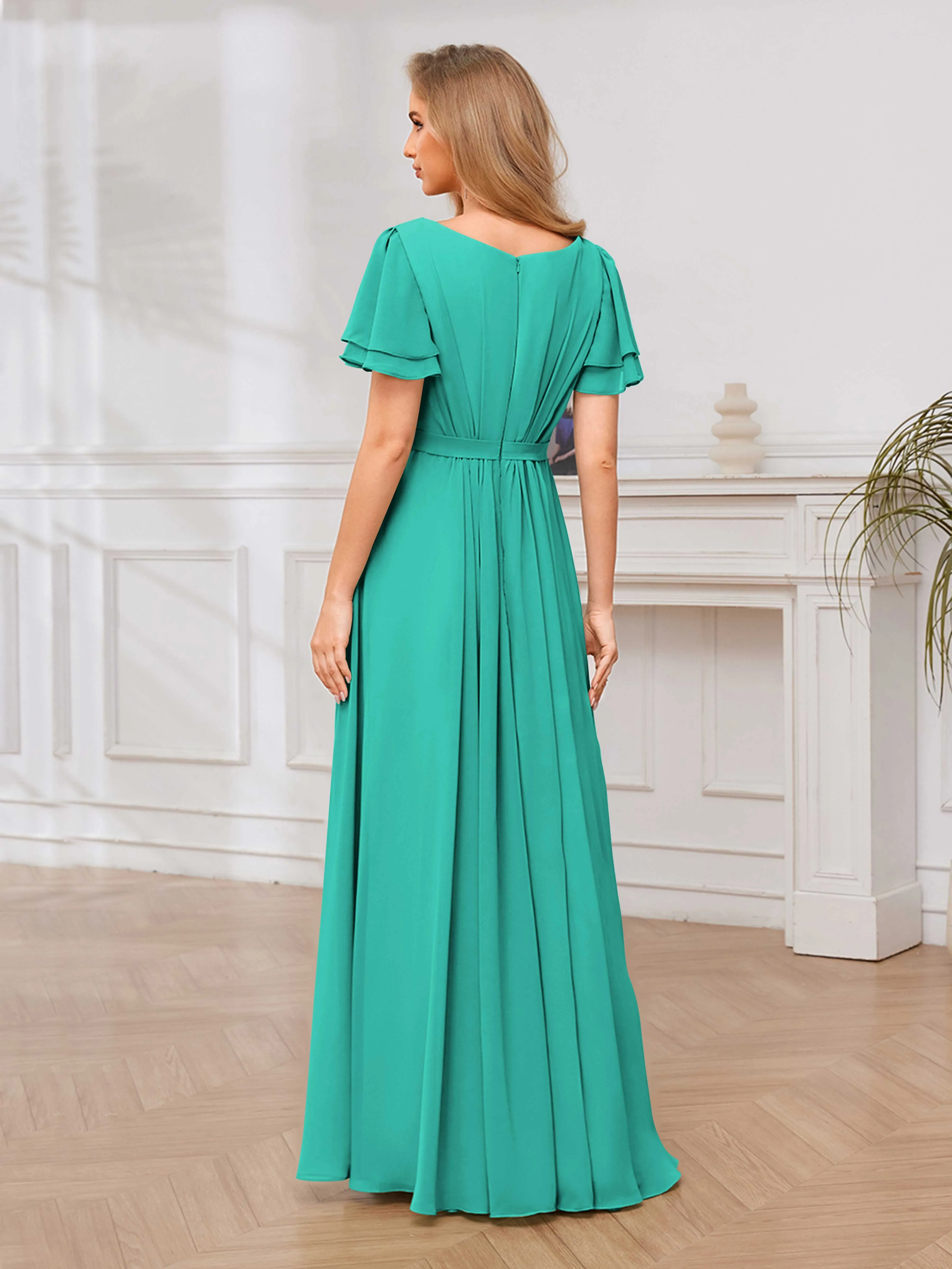 Briana Modest Scoop Short Sleeves Long Chiffon Bridesmaid Dresses