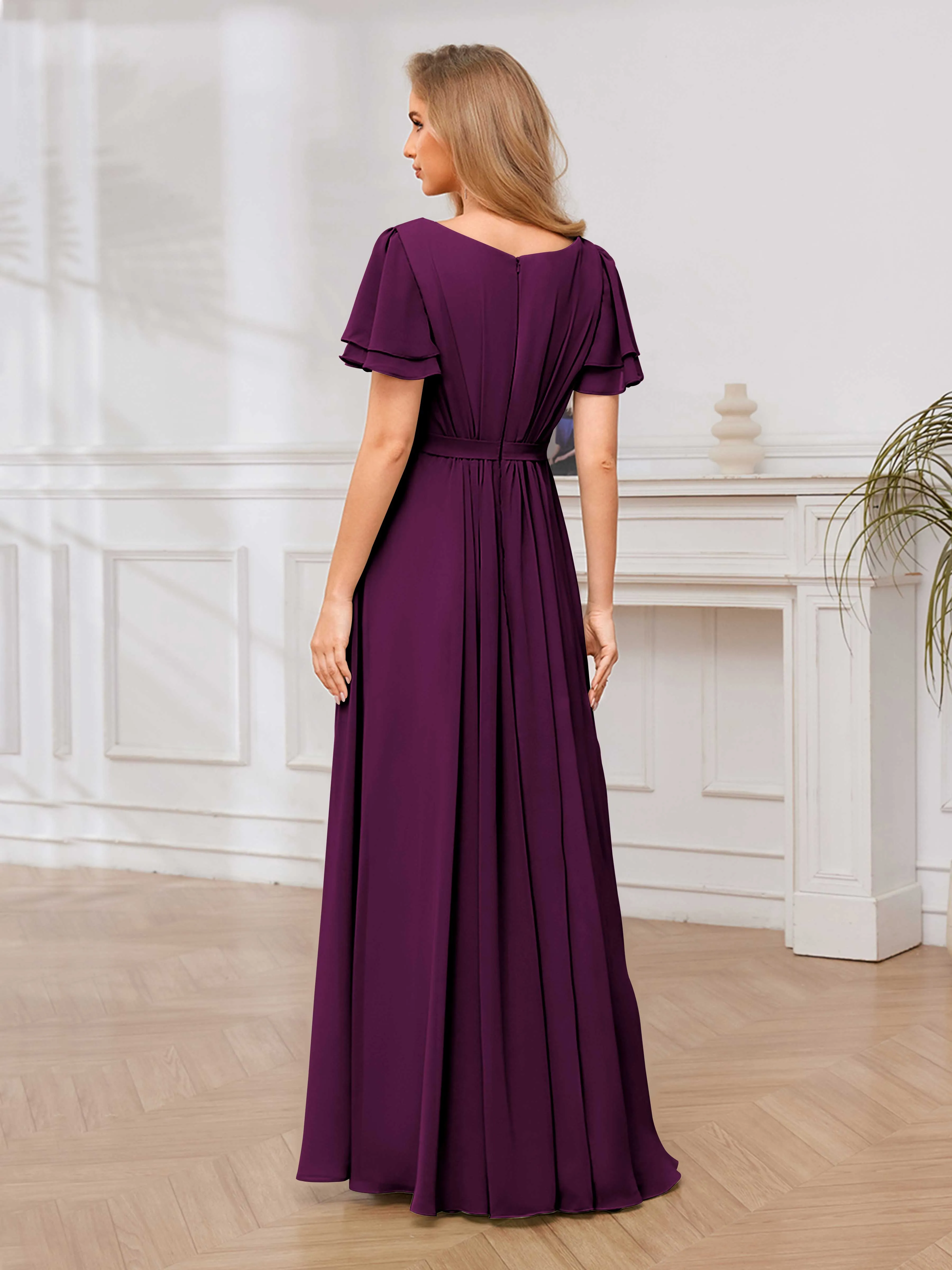 Briana Modest Scoop Short Sleeves Long Chiffon Bridesmaid Dresses