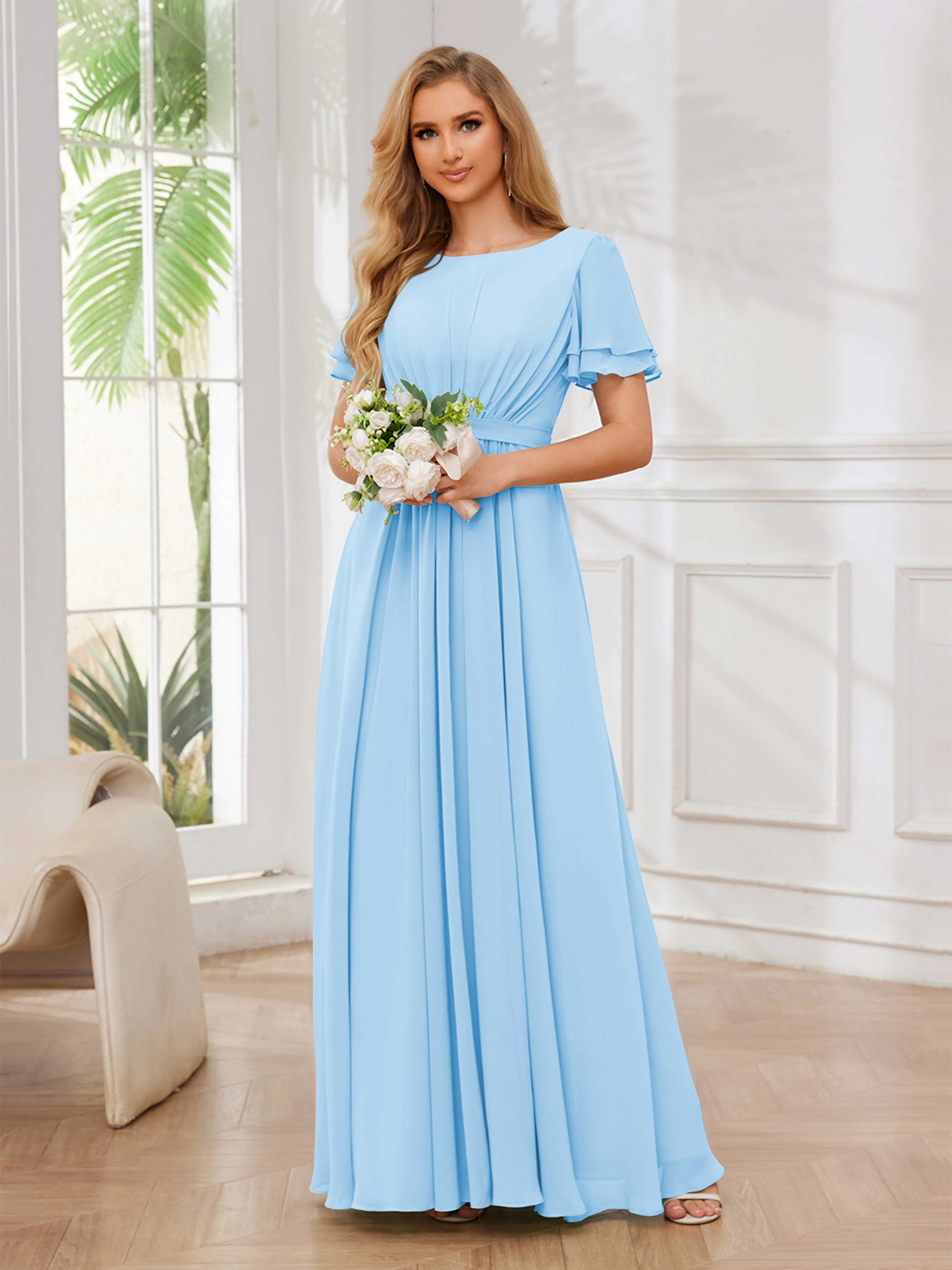 Briana Modest Scoop Short Sleeves Long Chiffon Bridesmaid Dresses