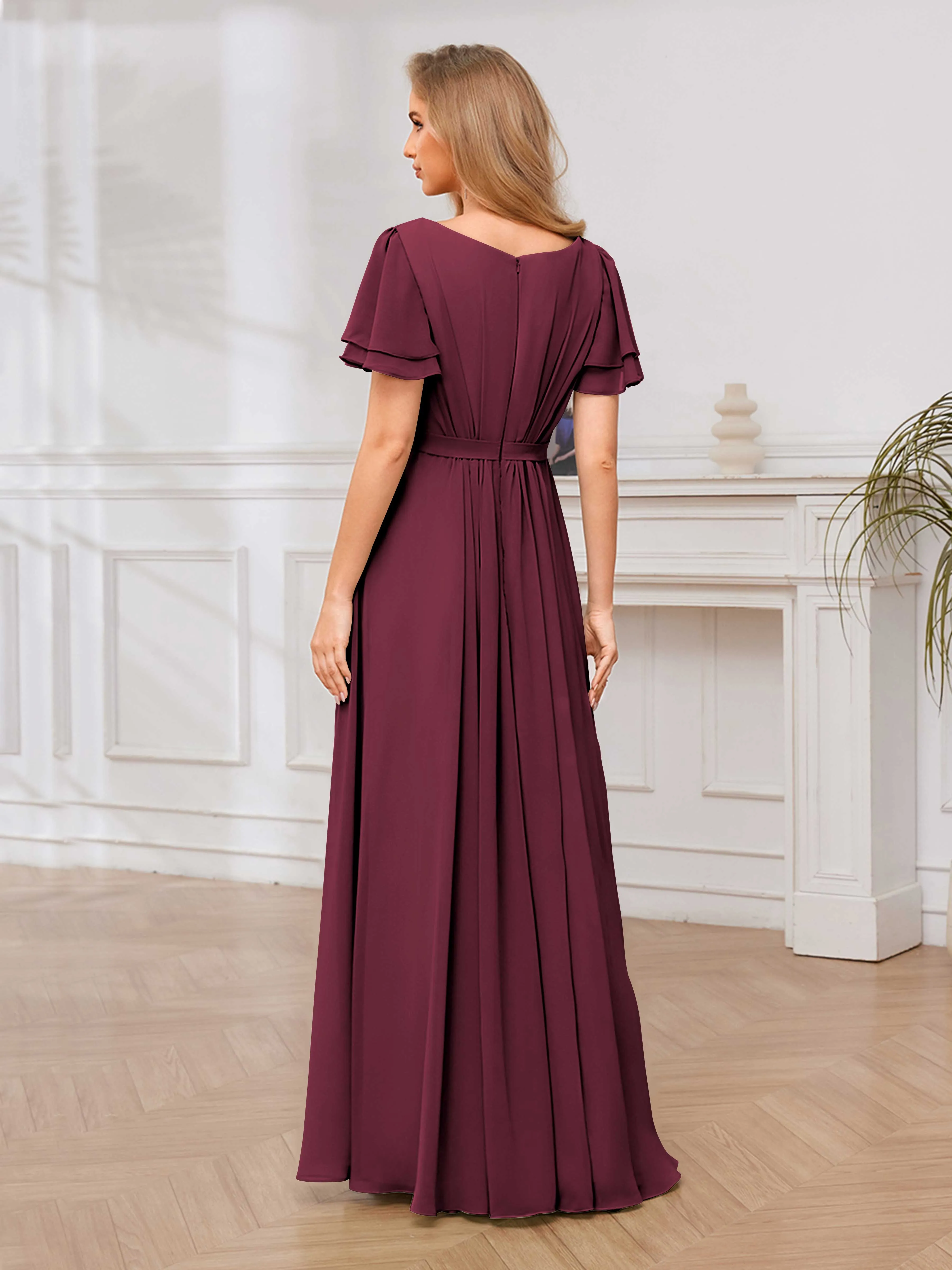 Briana Modest Scoop Short Sleeves Long Chiffon Bridesmaid Dresses