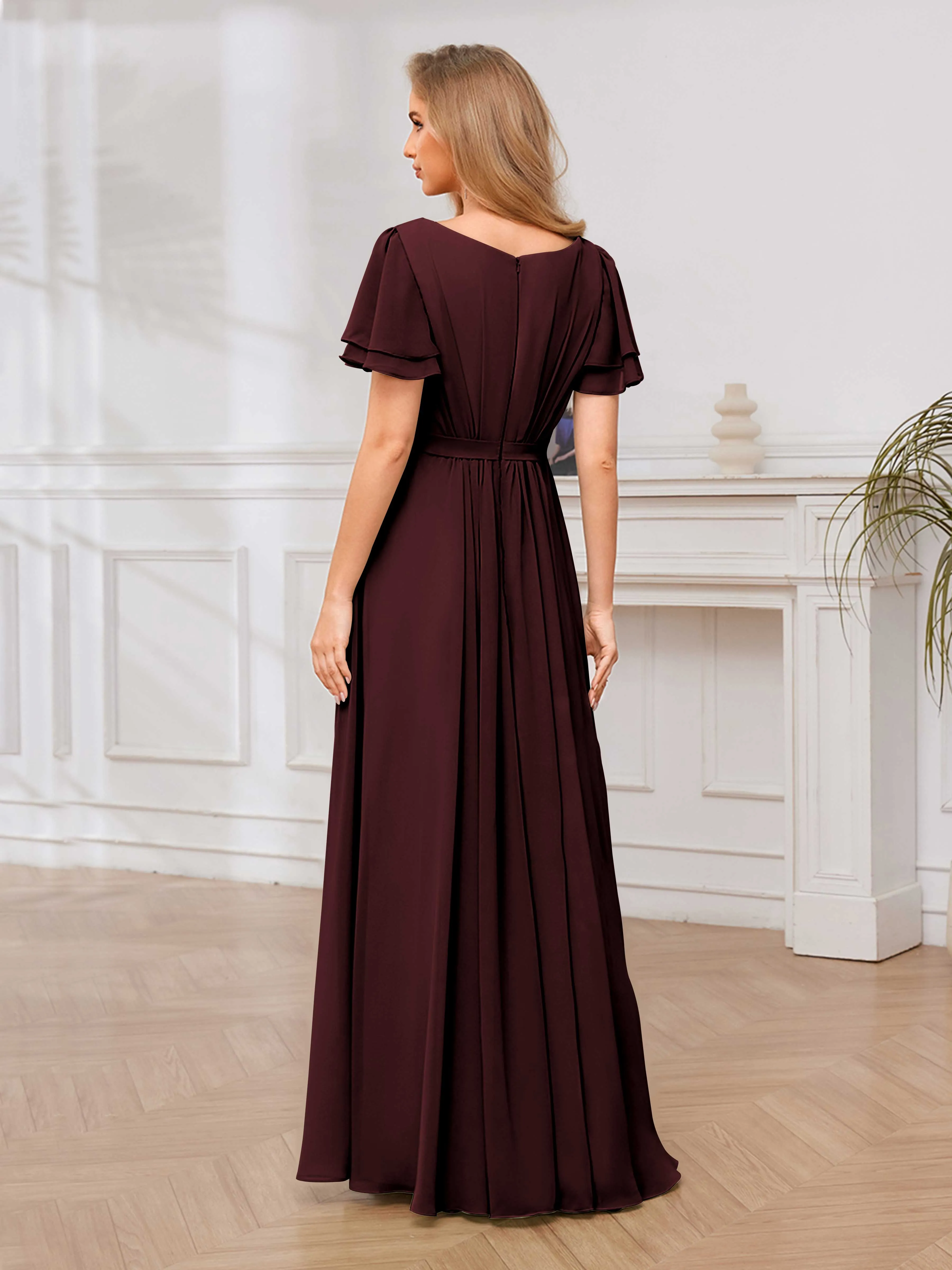 Briana Modest Scoop Short Sleeves Long Chiffon Bridesmaid Dresses