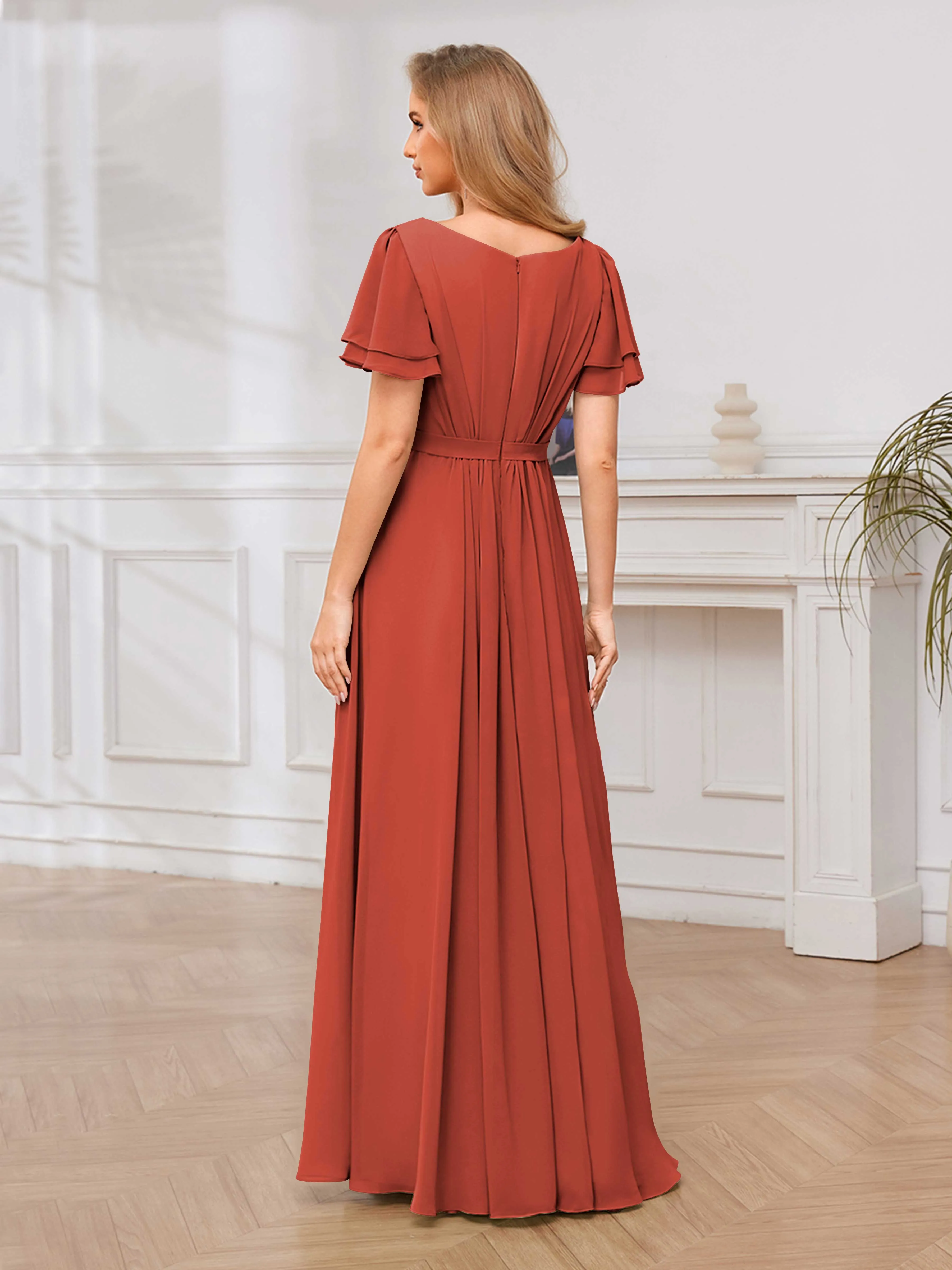 Briana Modest Scoop Short Sleeves Long Chiffon Bridesmaid Dresses