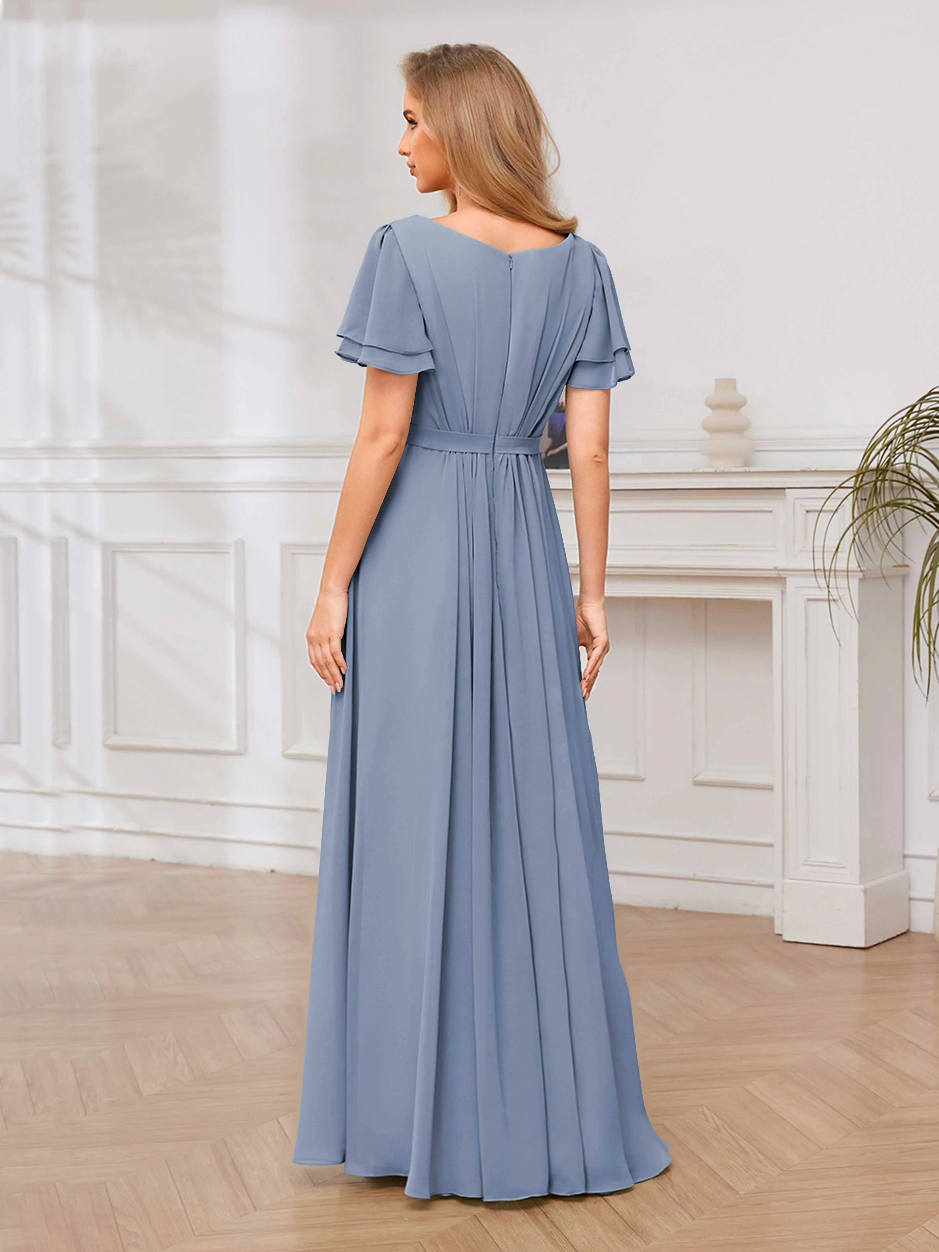 Briana Modest Scoop Short Sleeves Long Chiffon Bridesmaid Dresses
