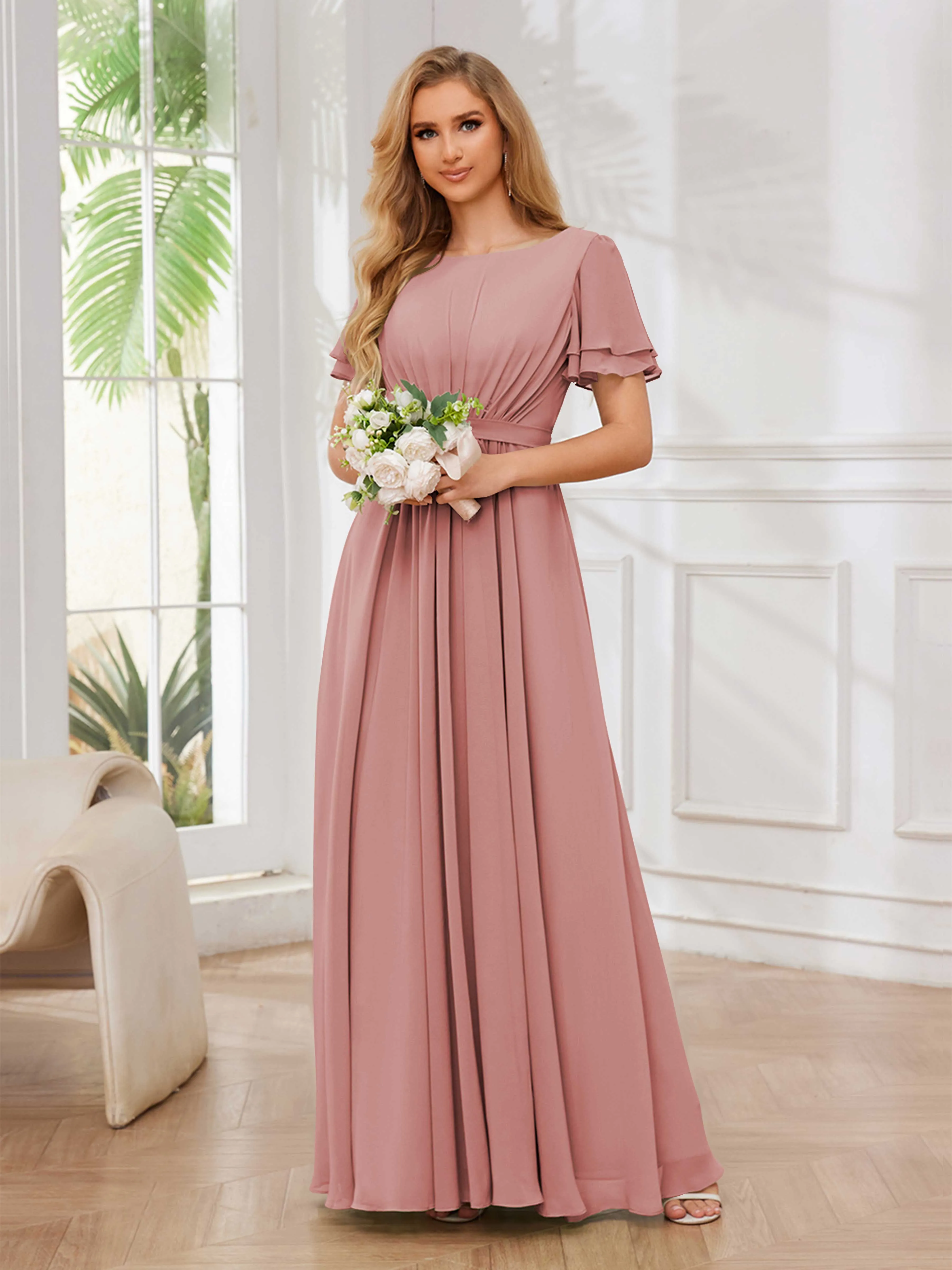 Briana Modest Scoop Short Sleeves Long Chiffon Bridesmaid Dresses
