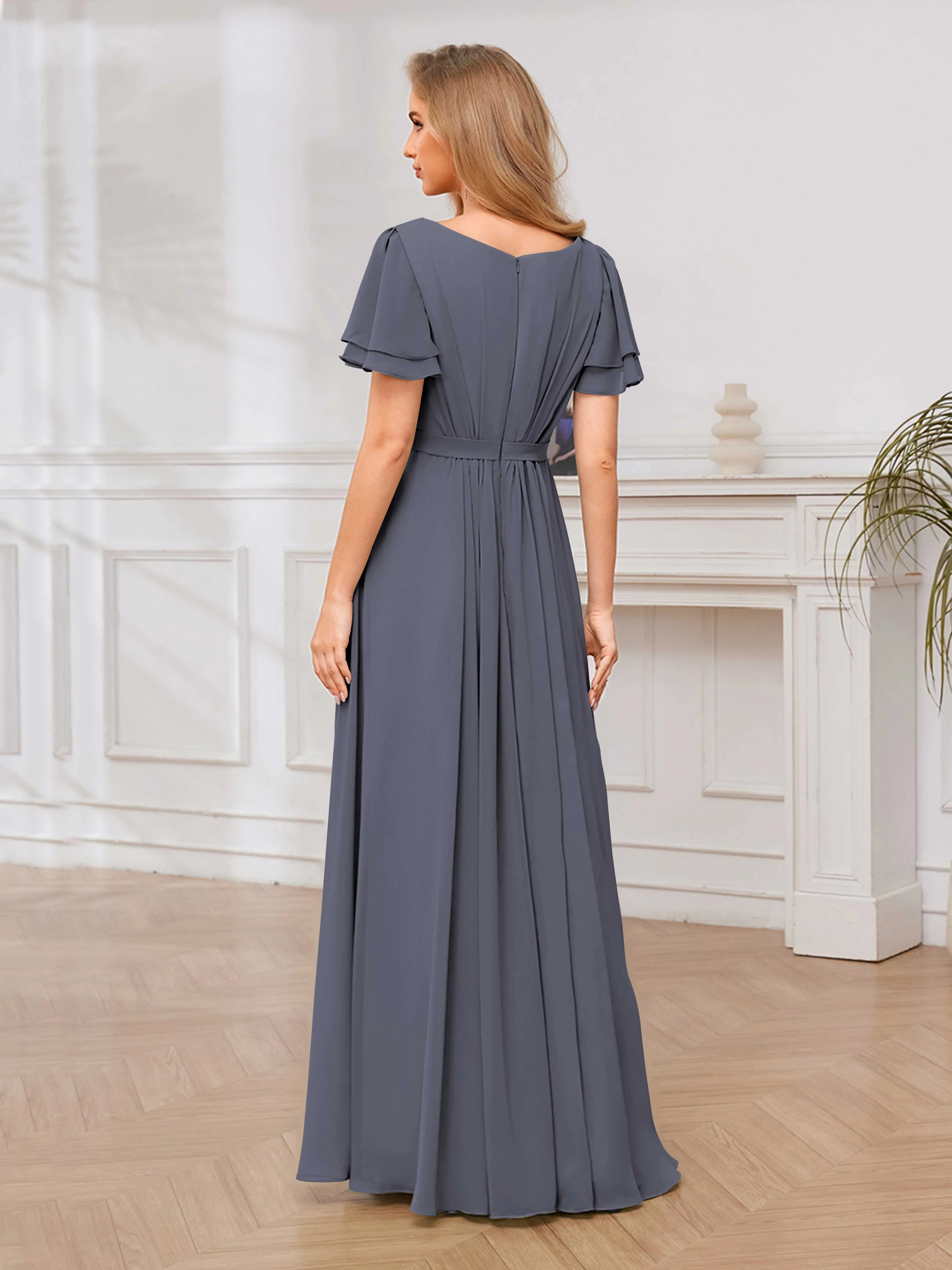 Briana Modest Scoop Short Sleeves Long Chiffon Bridesmaid Dresses