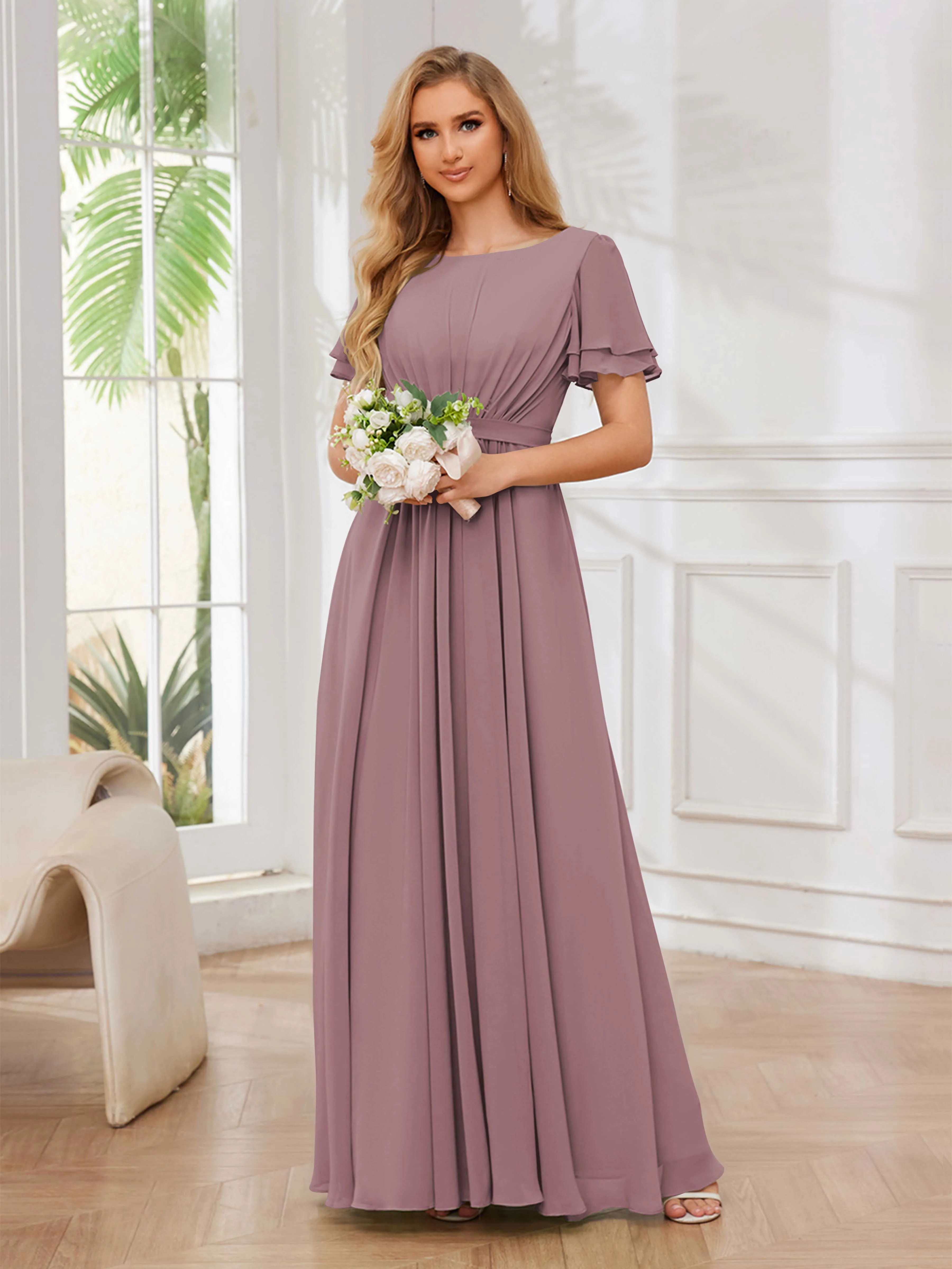 Briana Modest Scoop Short Sleeves Long Chiffon Bridesmaid Dresses