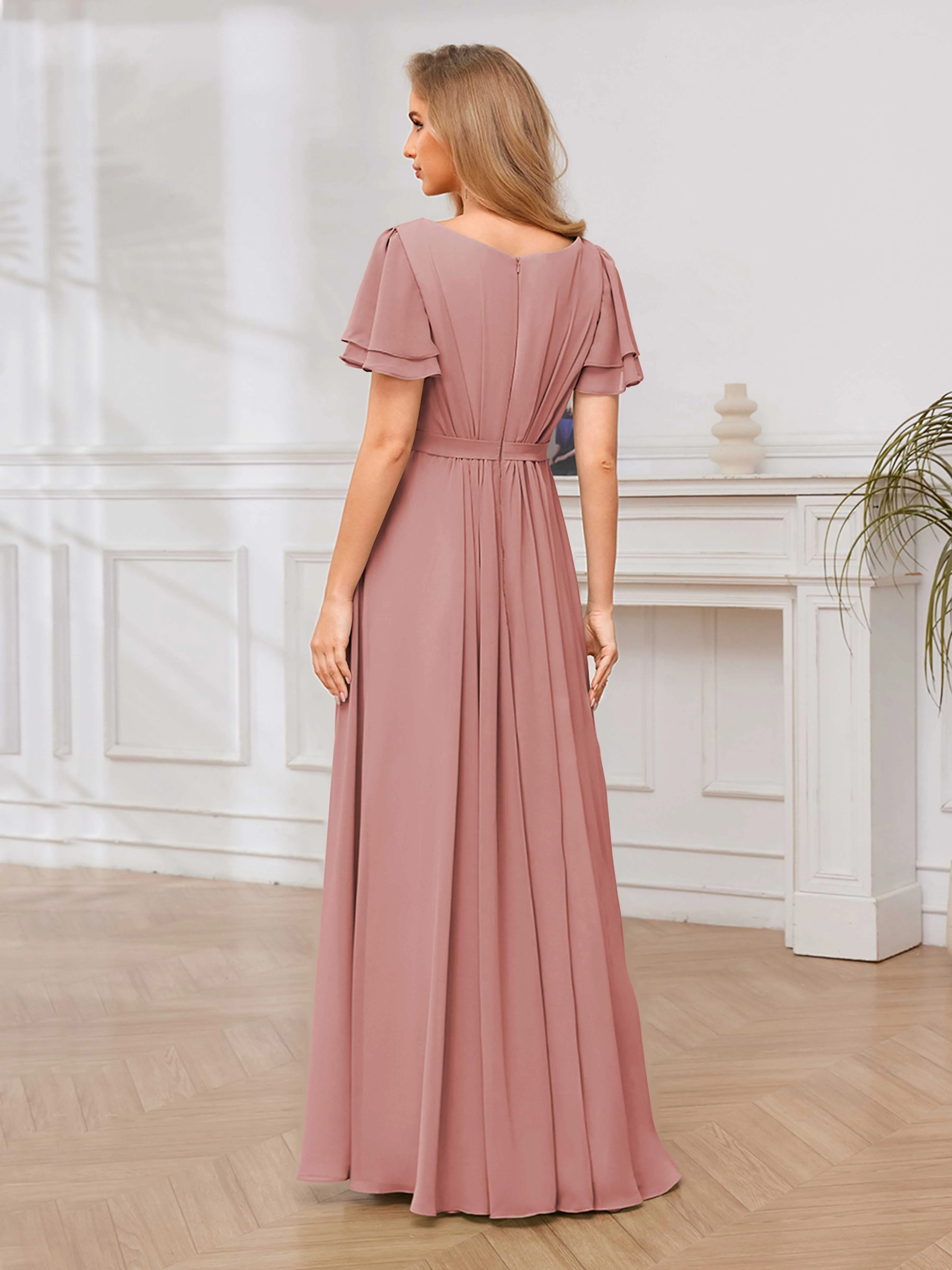 Briana Modest Scoop Short Sleeves Long Chiffon Bridesmaid Dresses