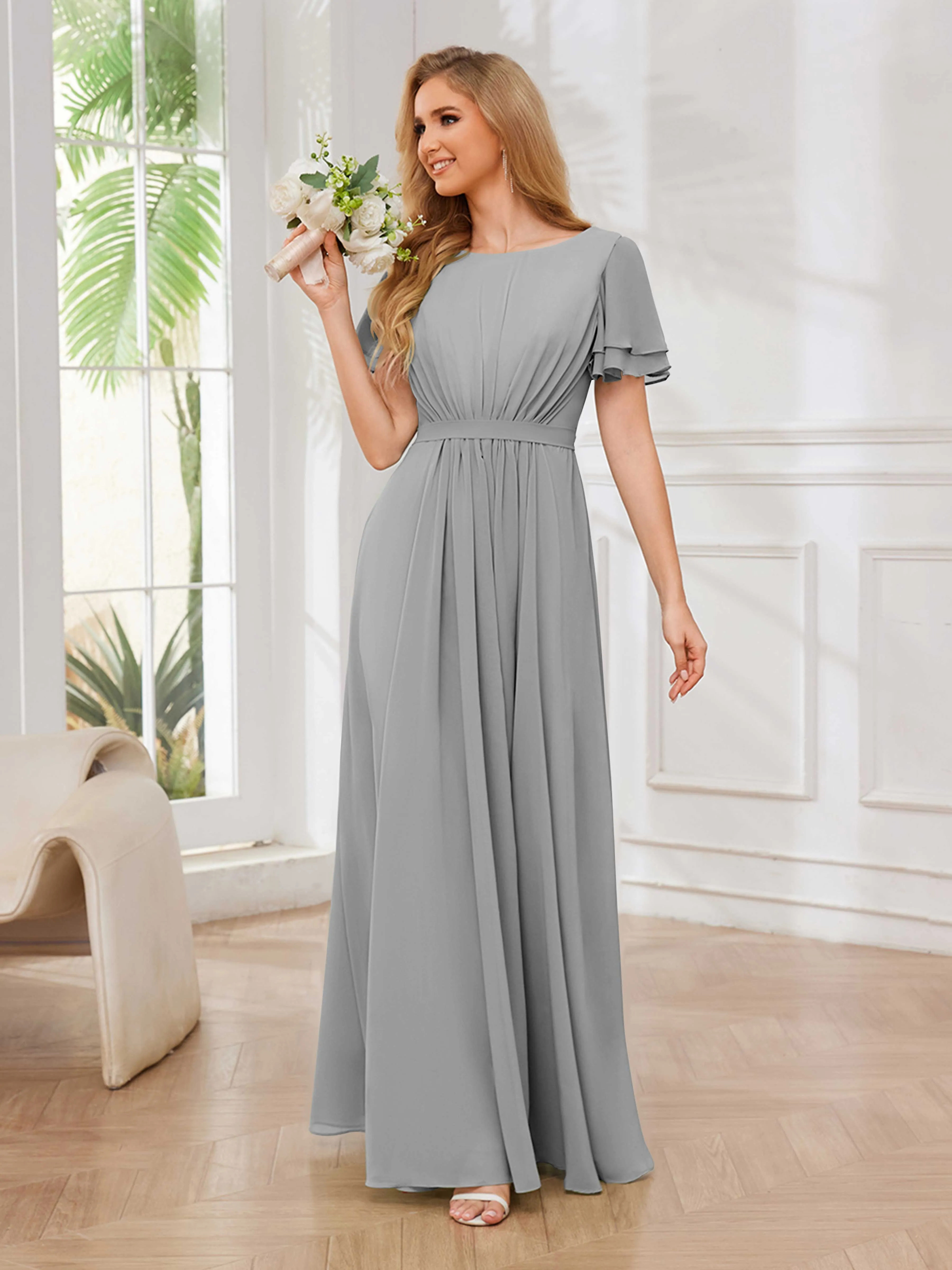 Briana Modest Scoop Short Sleeves Long Chiffon Bridesmaid Dresses