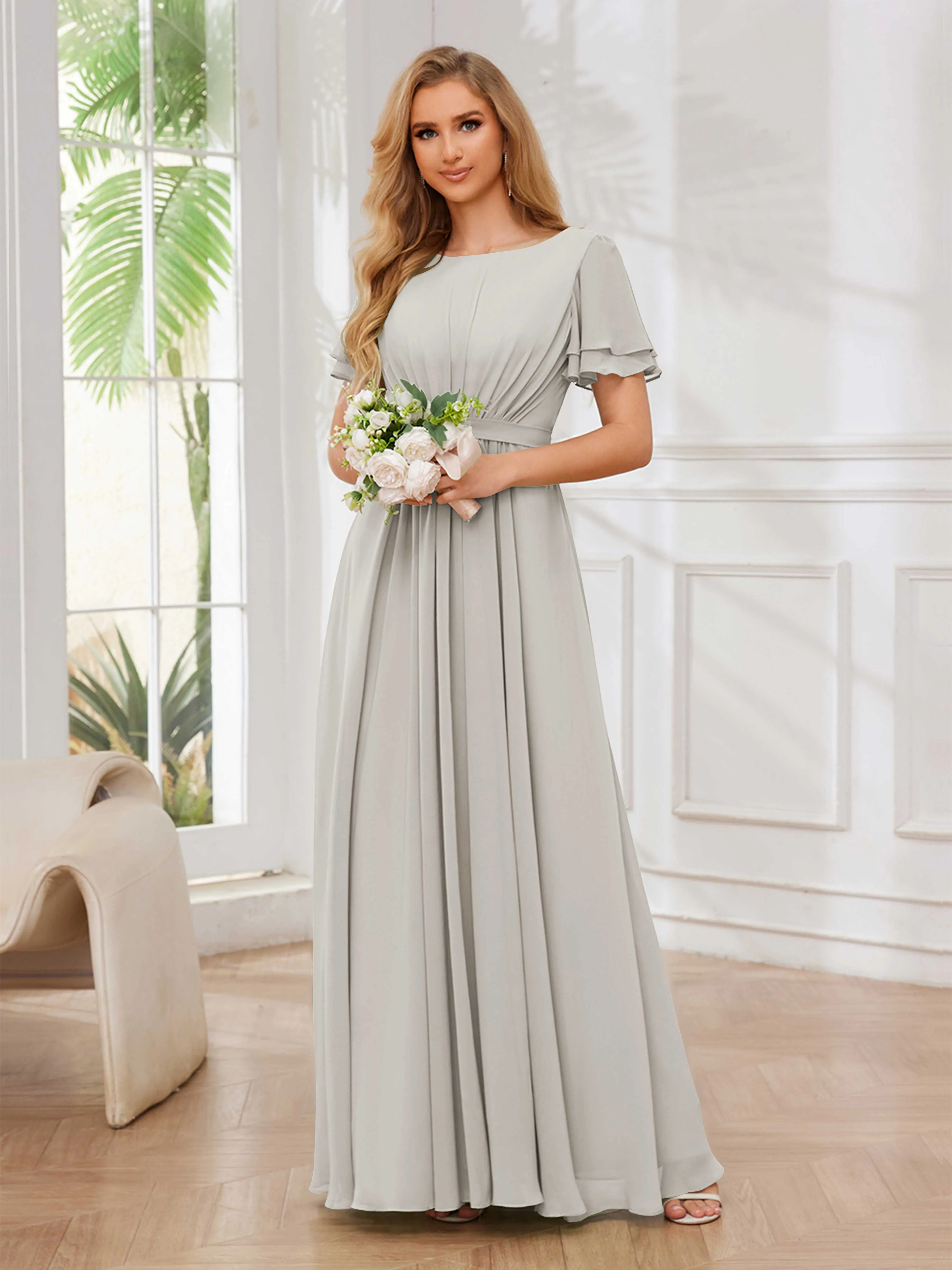 Briana Modest Scoop Short Sleeves Long Chiffon Bridesmaid Dresses