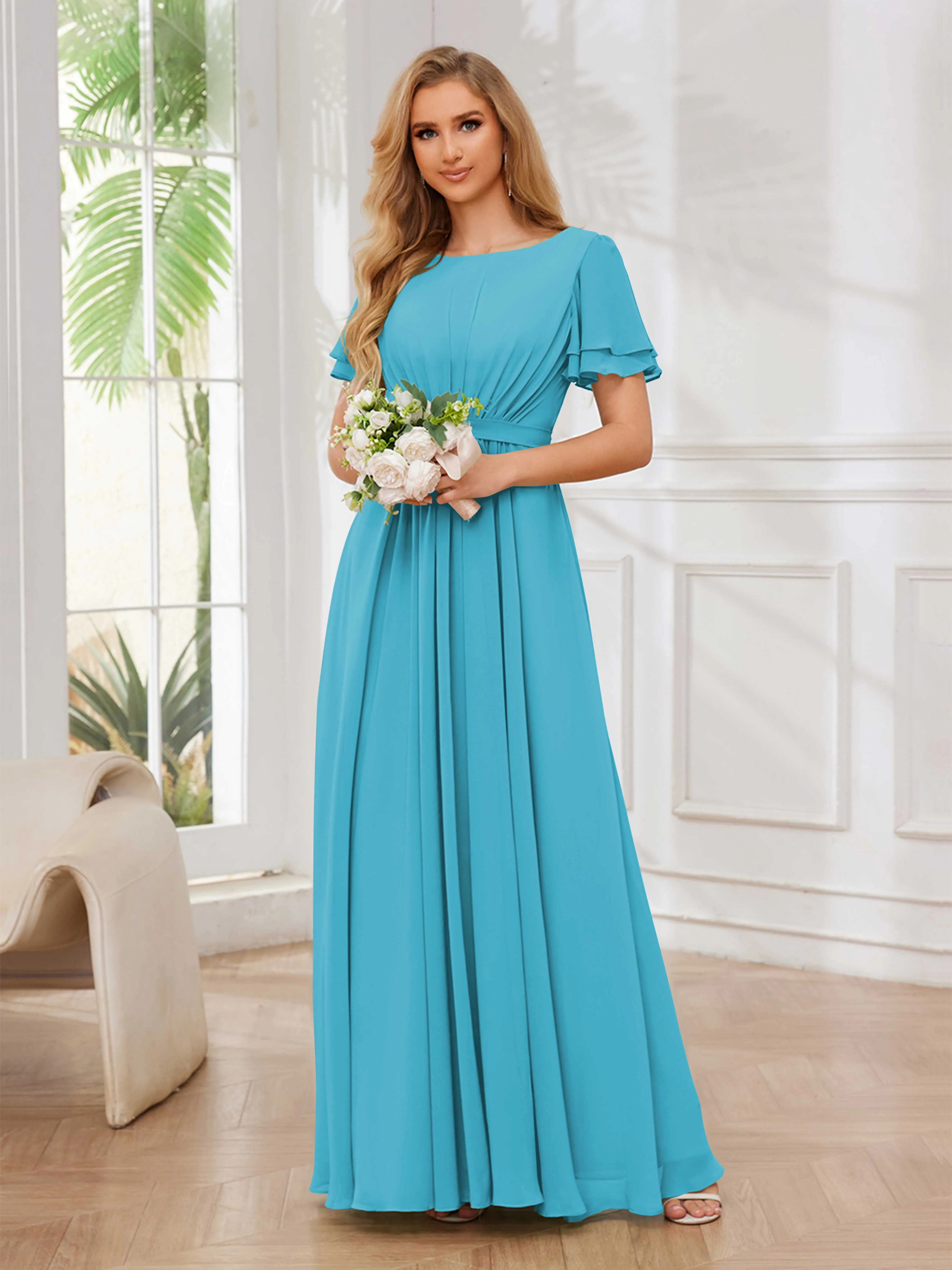 Briana Modest Scoop Short Sleeves Long Chiffon Bridesmaid Dresses