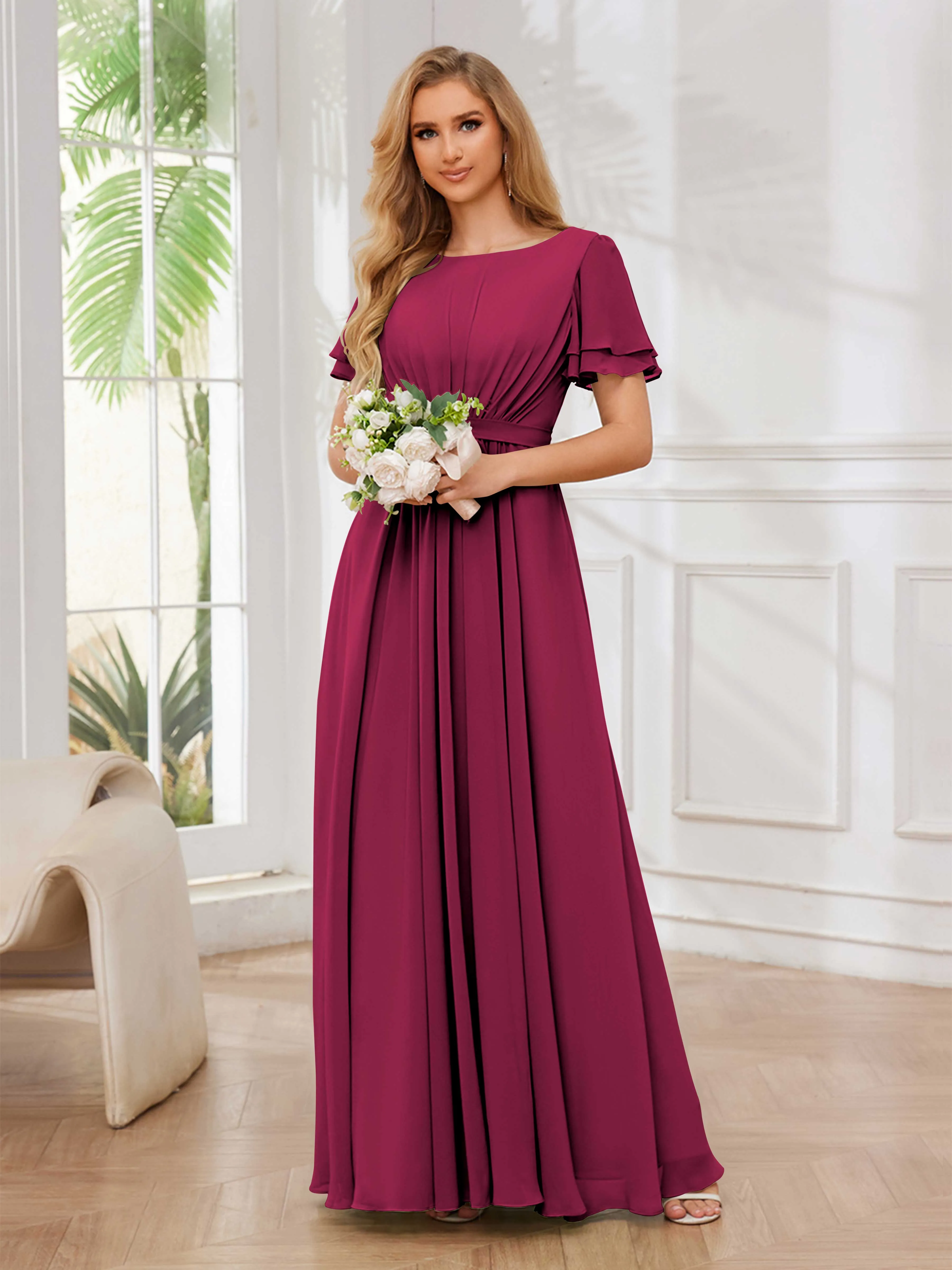 Briana Modest Scoop Short Sleeves Long Chiffon Bridesmaid Dresses
